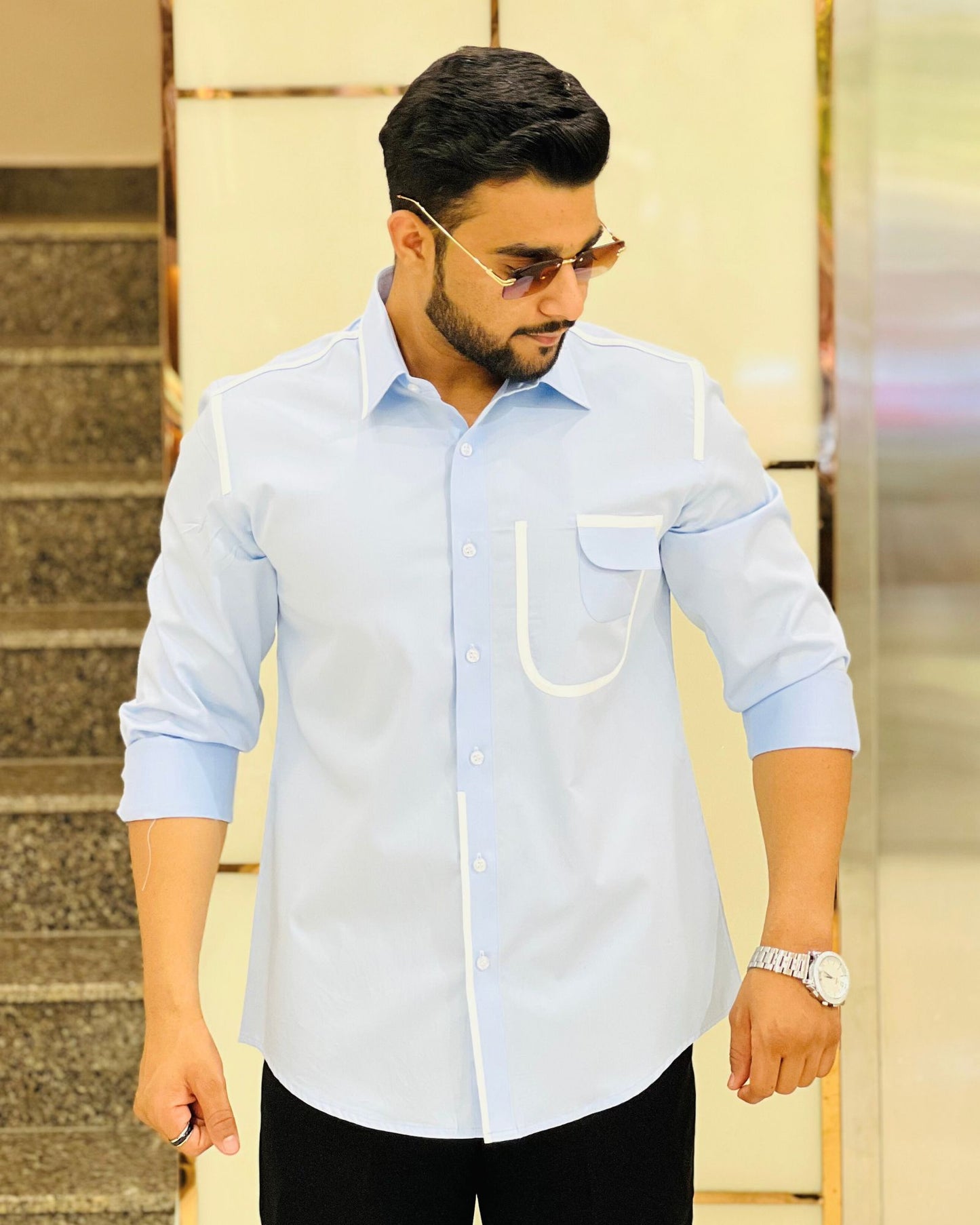 Sky Blue Shirt With White Contrast Detailing