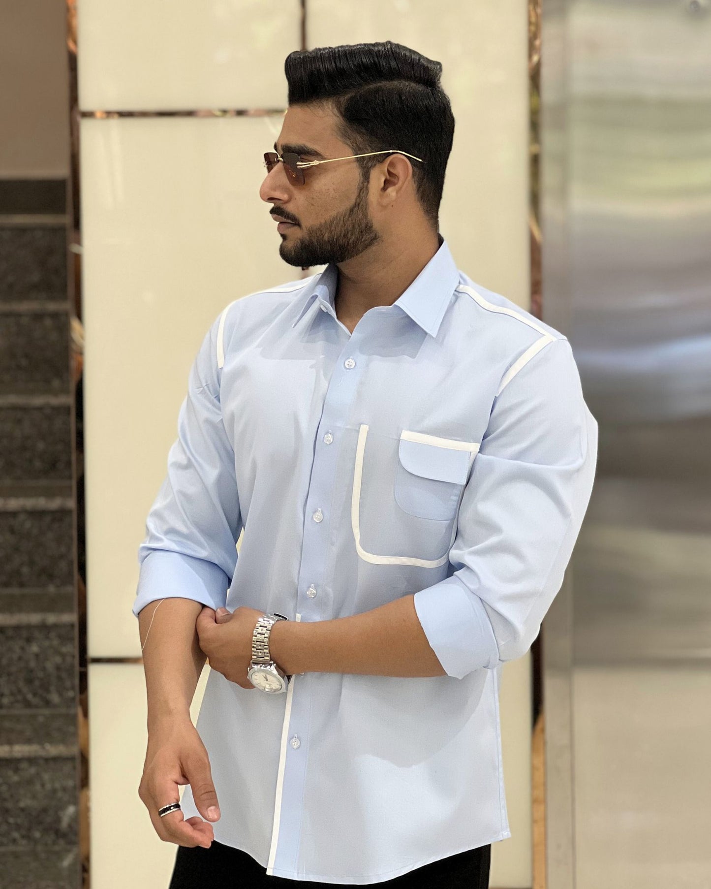Sky Blue Shirt With White Contrast Detailing