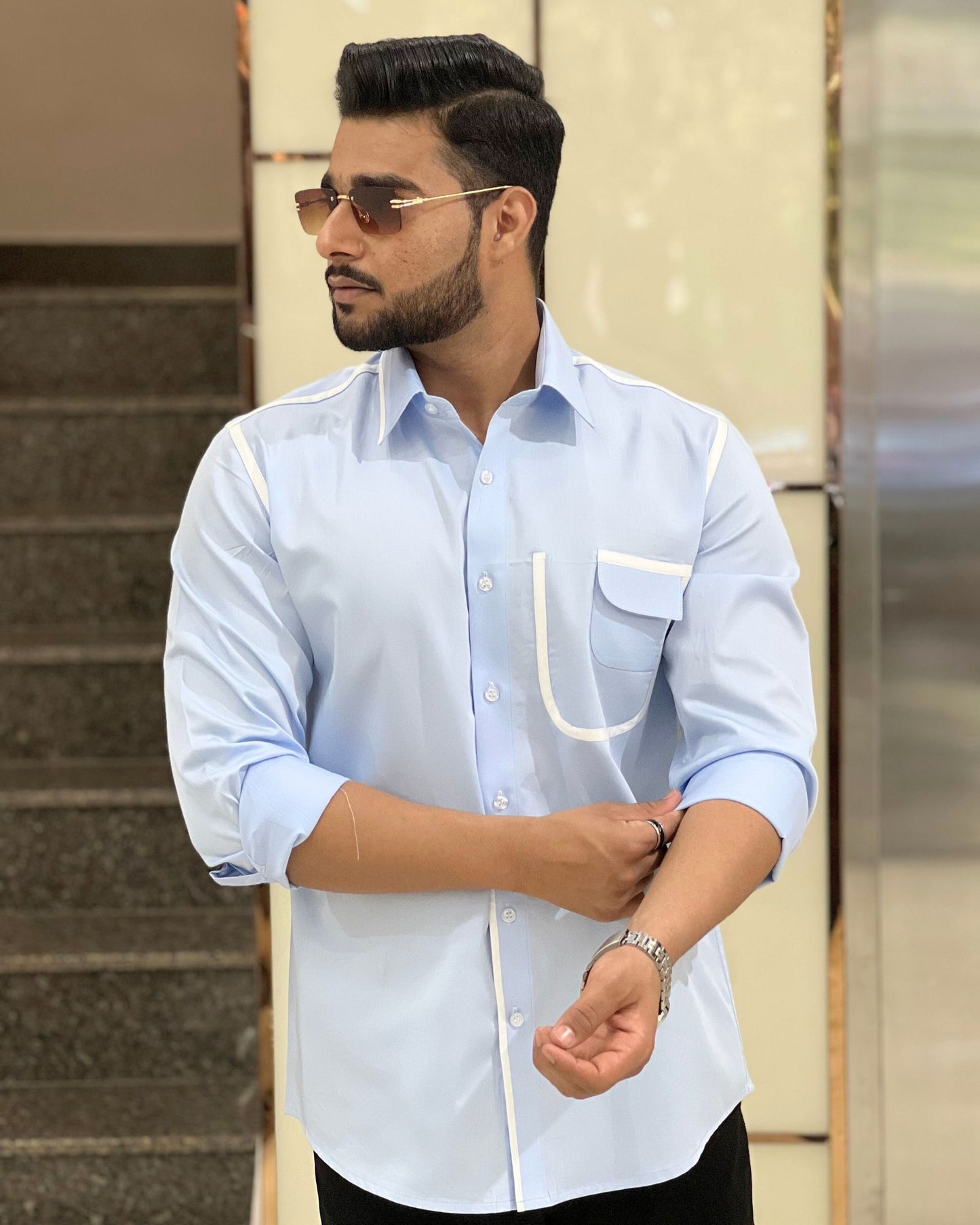 Sky Blue Shirt With White Contrast Detailing