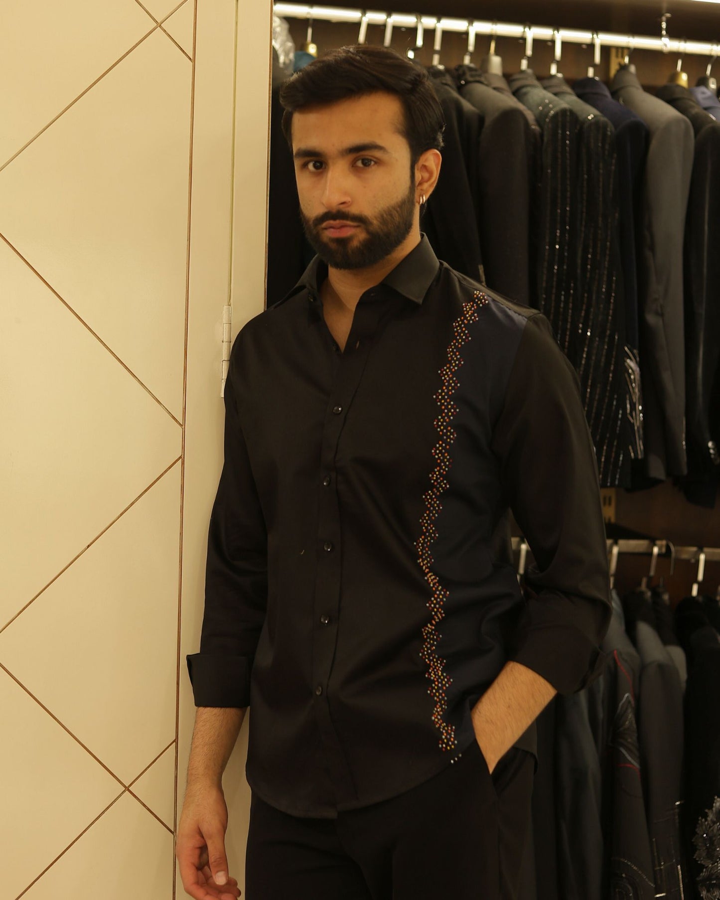 Black & Navy Blue Cotton Threadwork Shirt