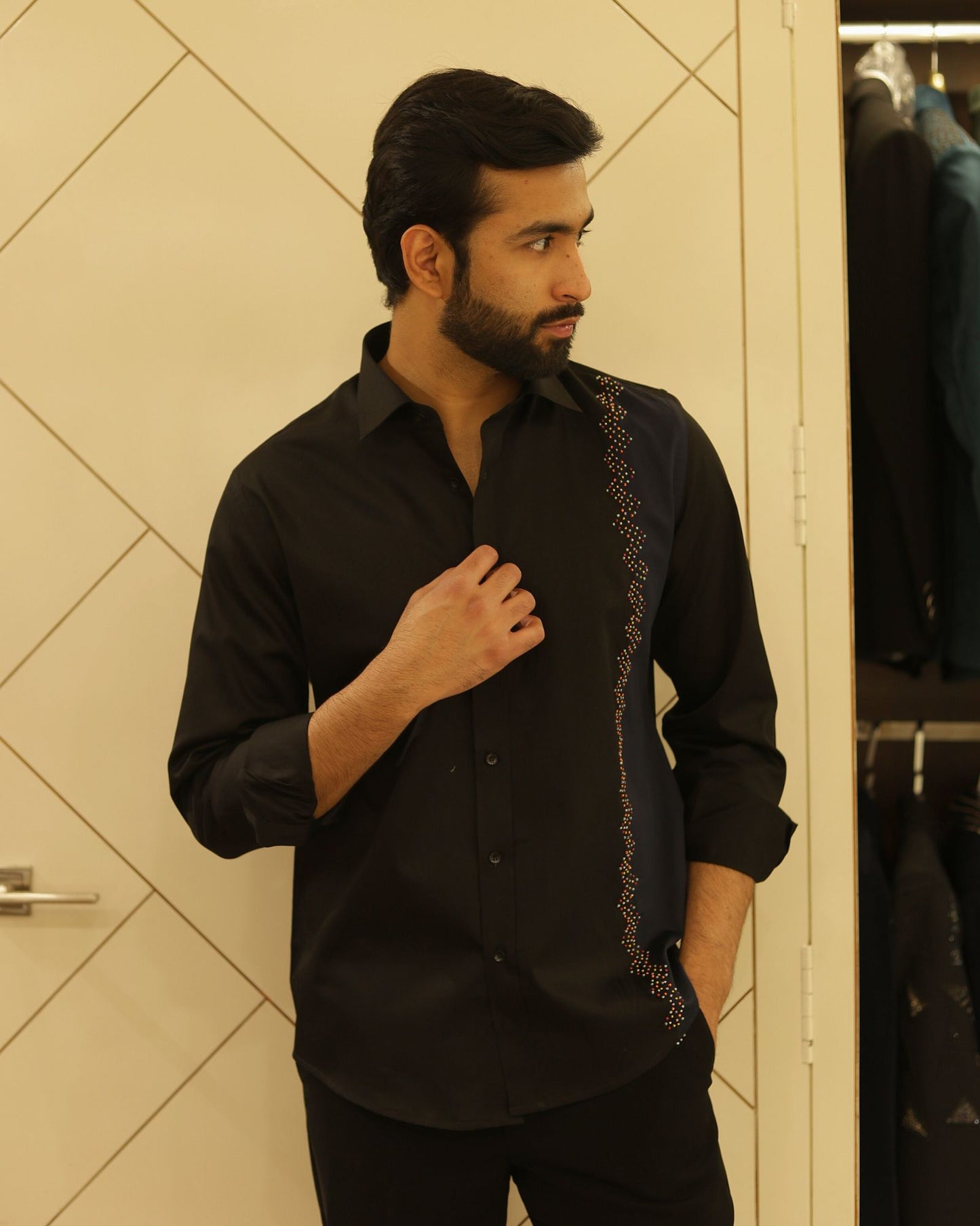 Black & Navy Blue Cotton Threadwork Shirt