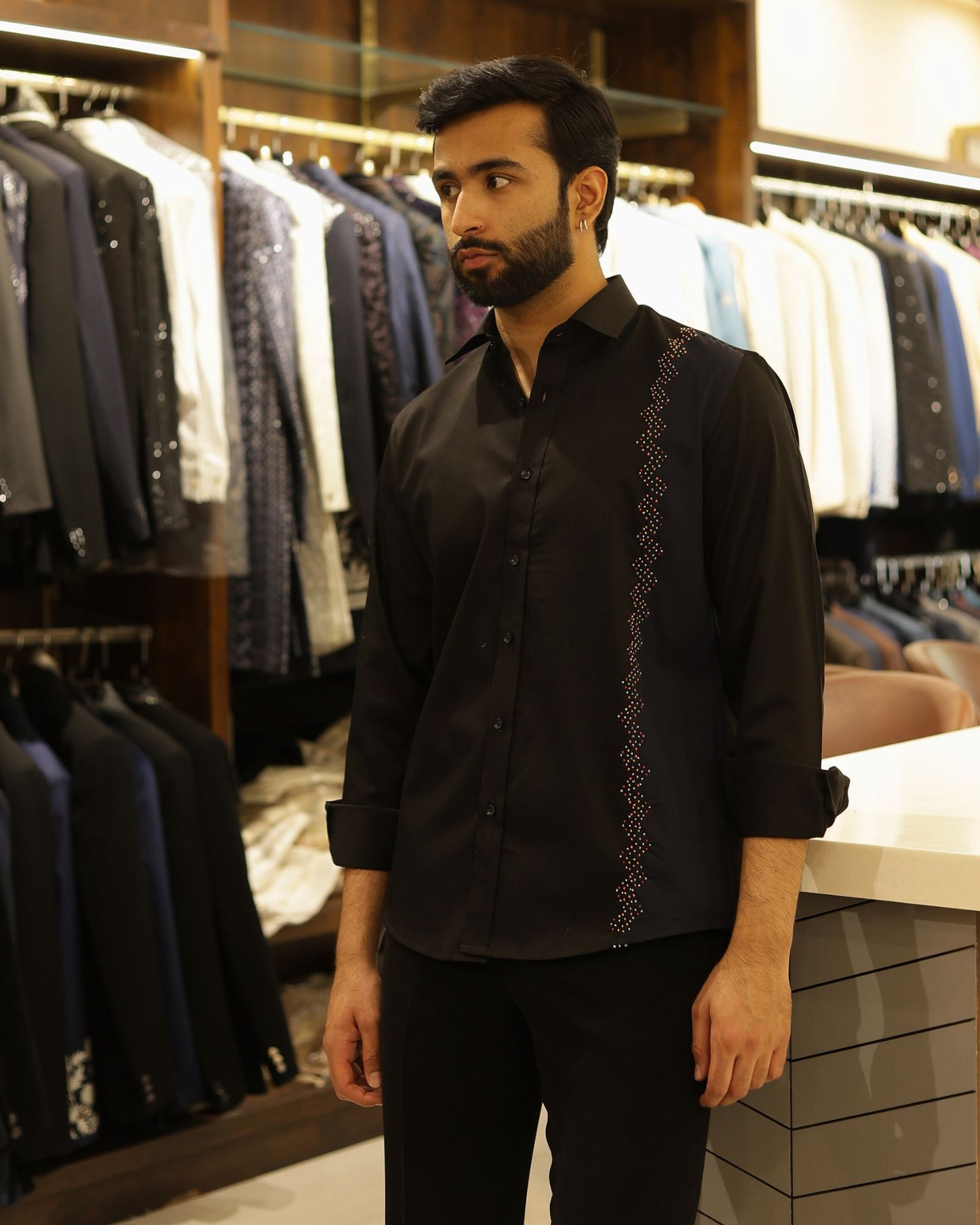 Black & Navy Blue Cotton Threadwork Shirt