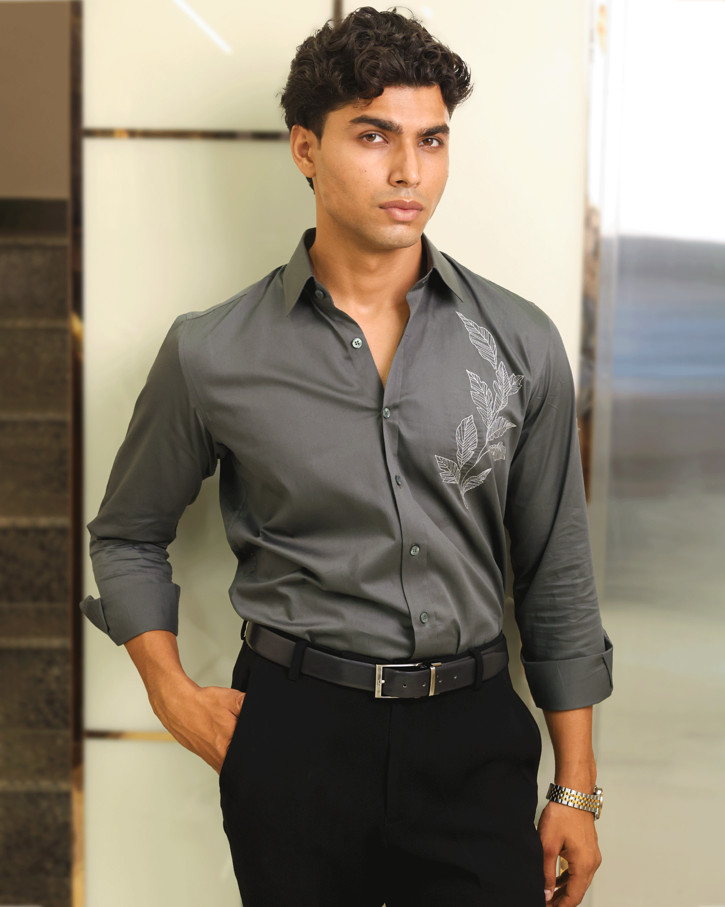 Charcoal Leaf – Embroidered Designer Shirt