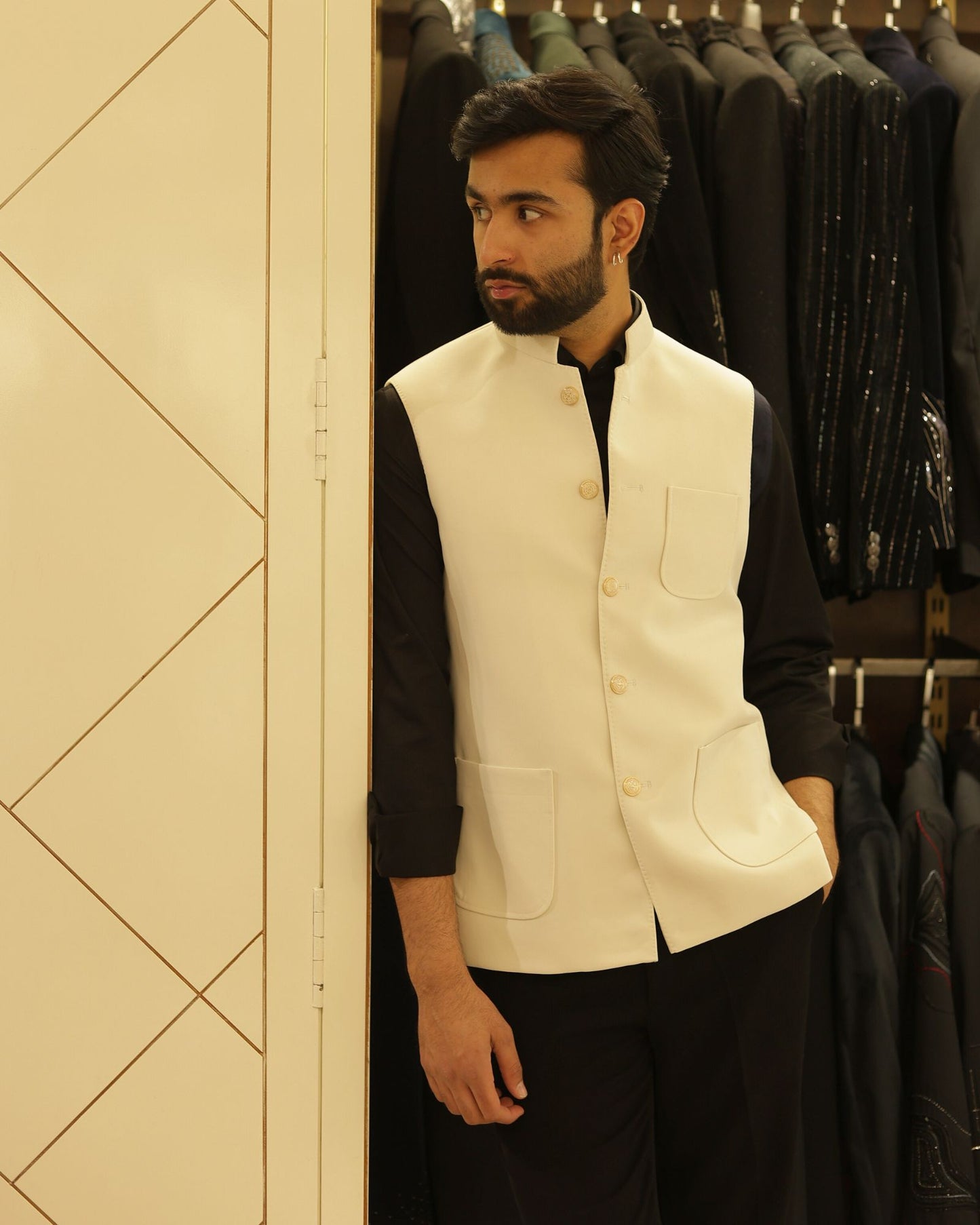 Ivory Suiting Nehru Jacket