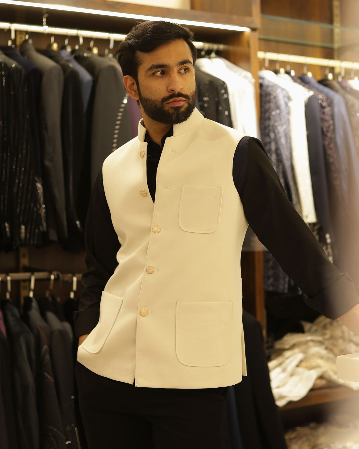 Ivory Suiting Nehru Jacket