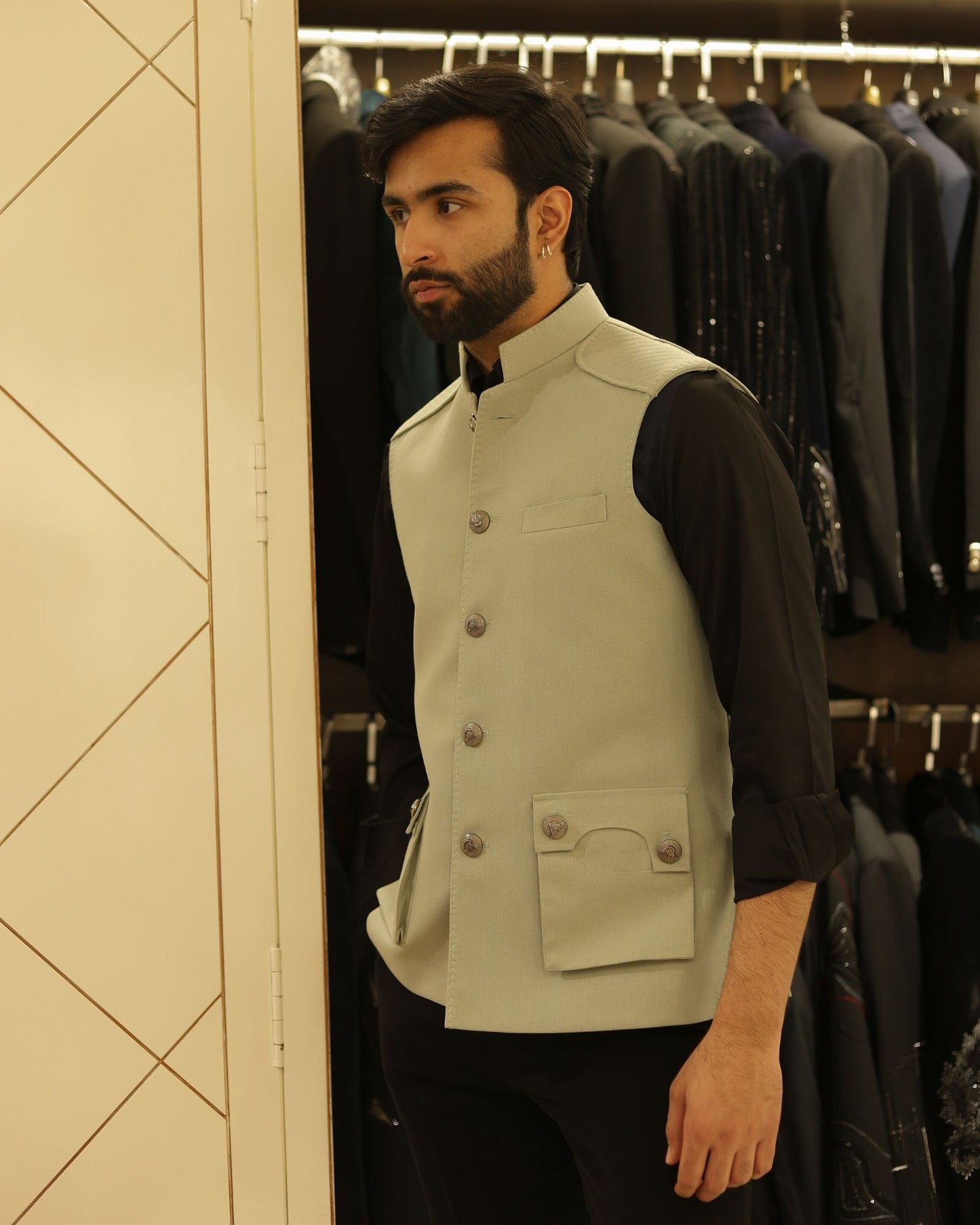 Sage Green Suiting Nehru Jacket