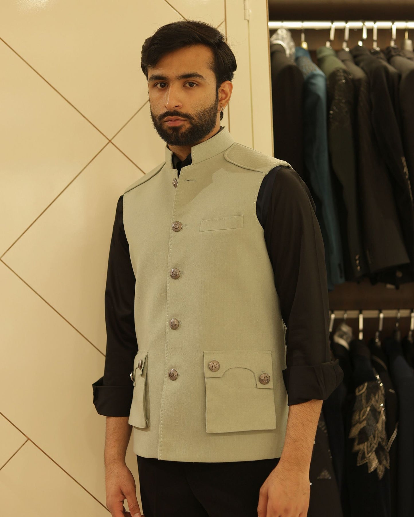 Sage Green Suiting Nehru Jacket