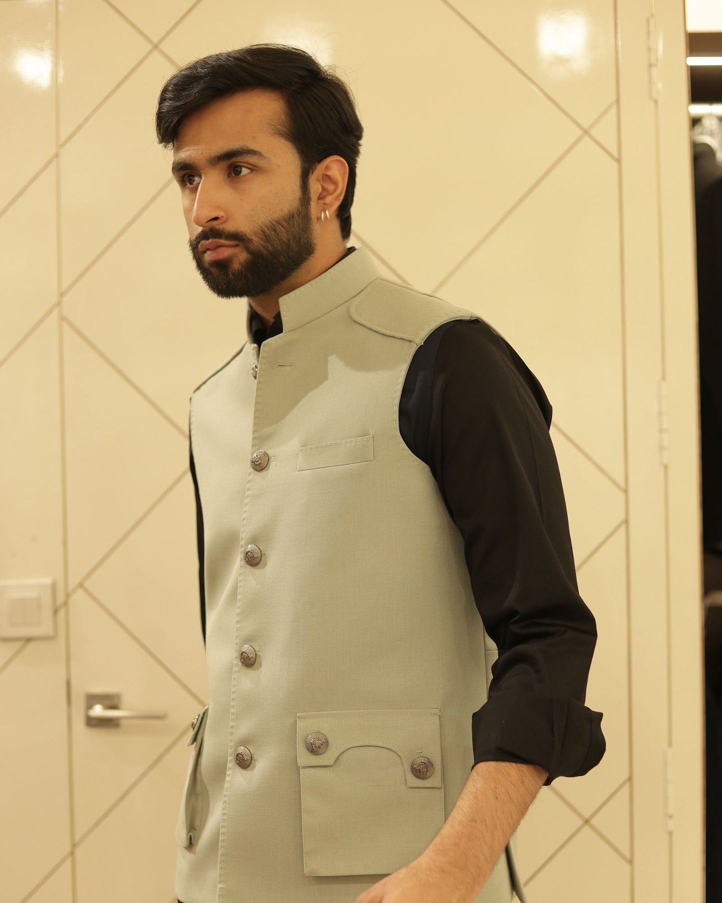Sage Green Suiting Nehru Jacket
