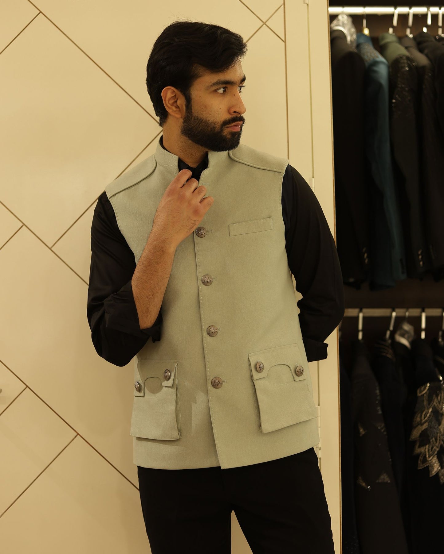 Sage Green Suiting Nehru Jacket