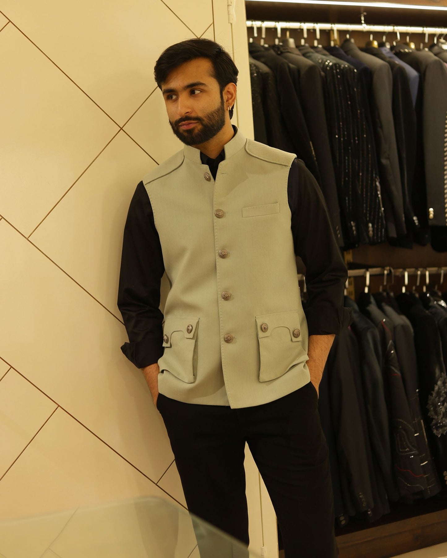 Sage Green Suiting Nehru Jacket
