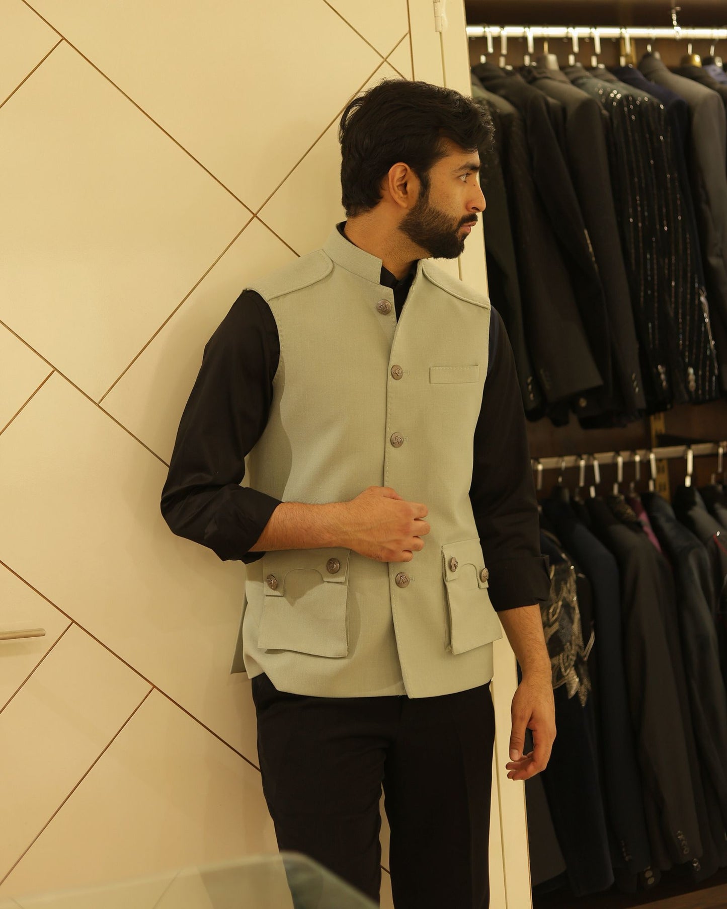 Sage Green Suiting Nehru Jacket