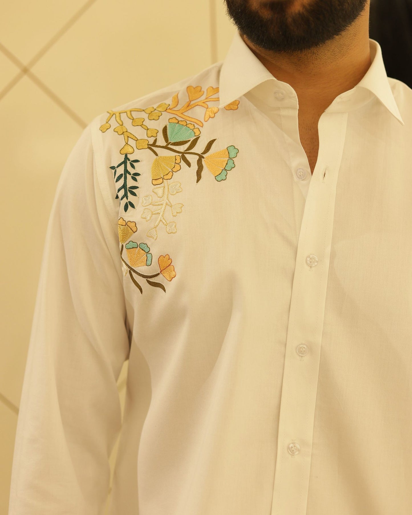 White Flower Embroidery Cotton Shirt