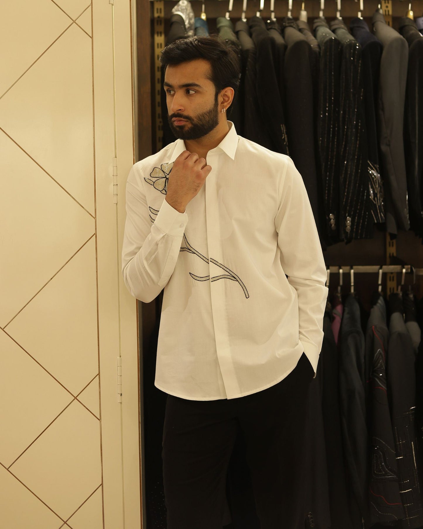 White Floral Embroidered Cotton Shirt