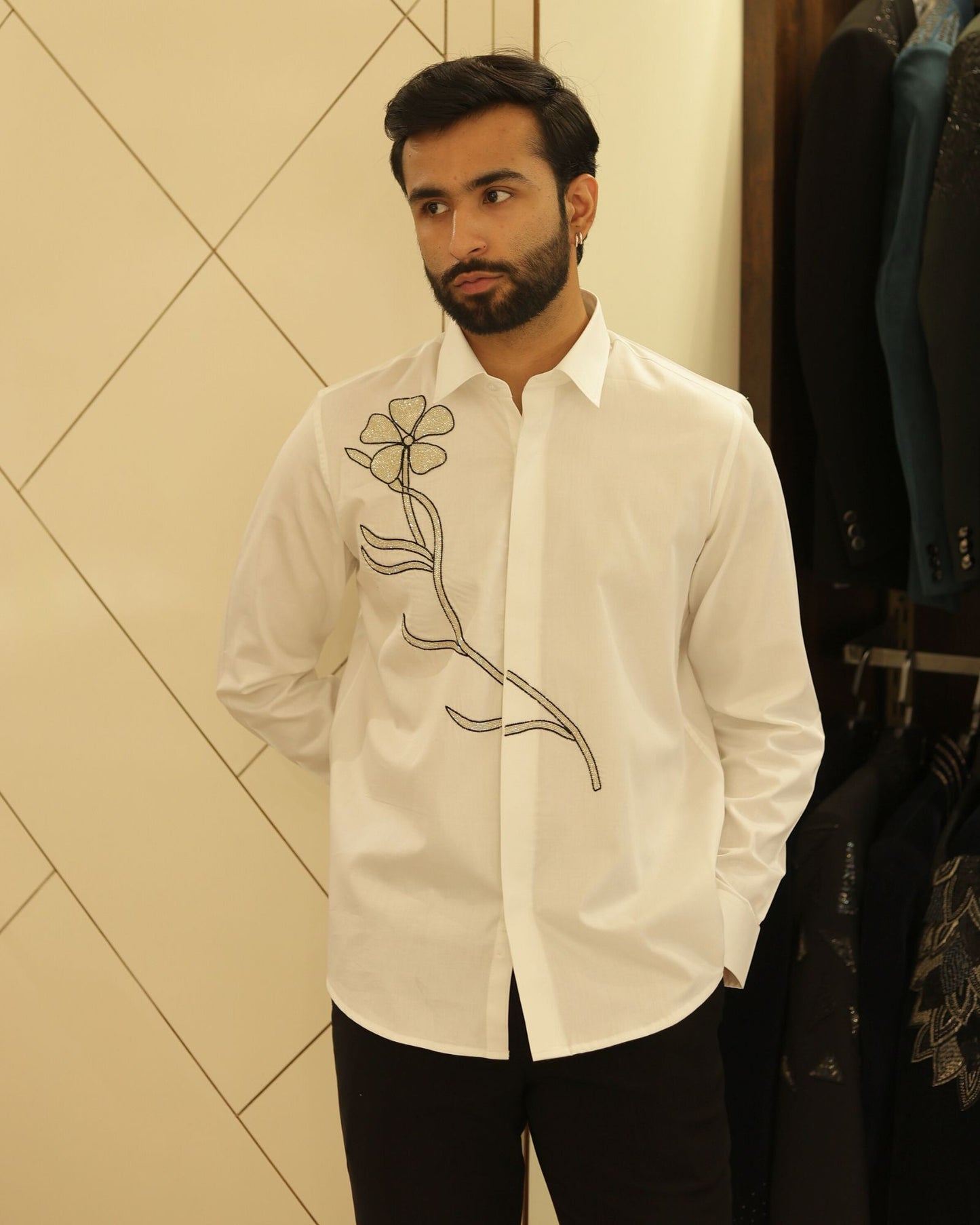 White Floral Embroidered Cotton Shirt
