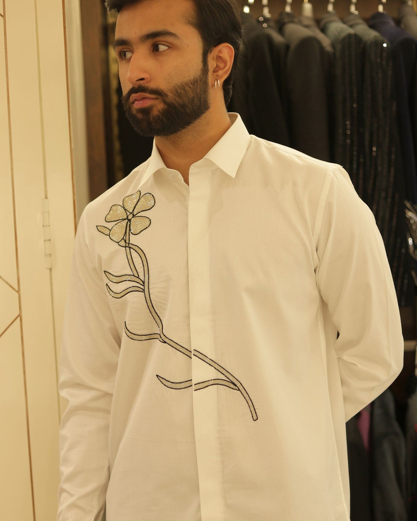 White Floral Embroidered Cotton Shirt
