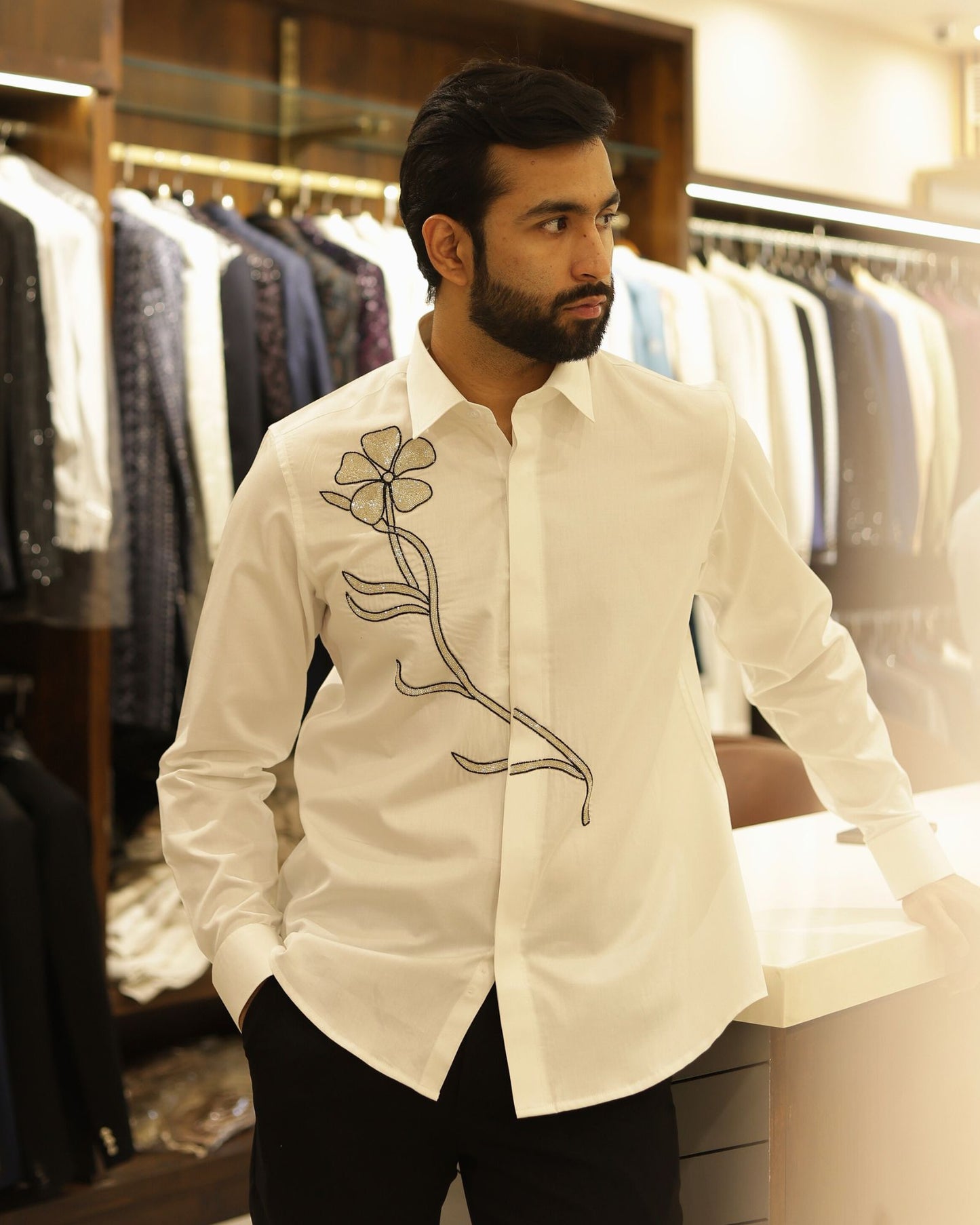 White Floral Embroidered Cotton Shirt