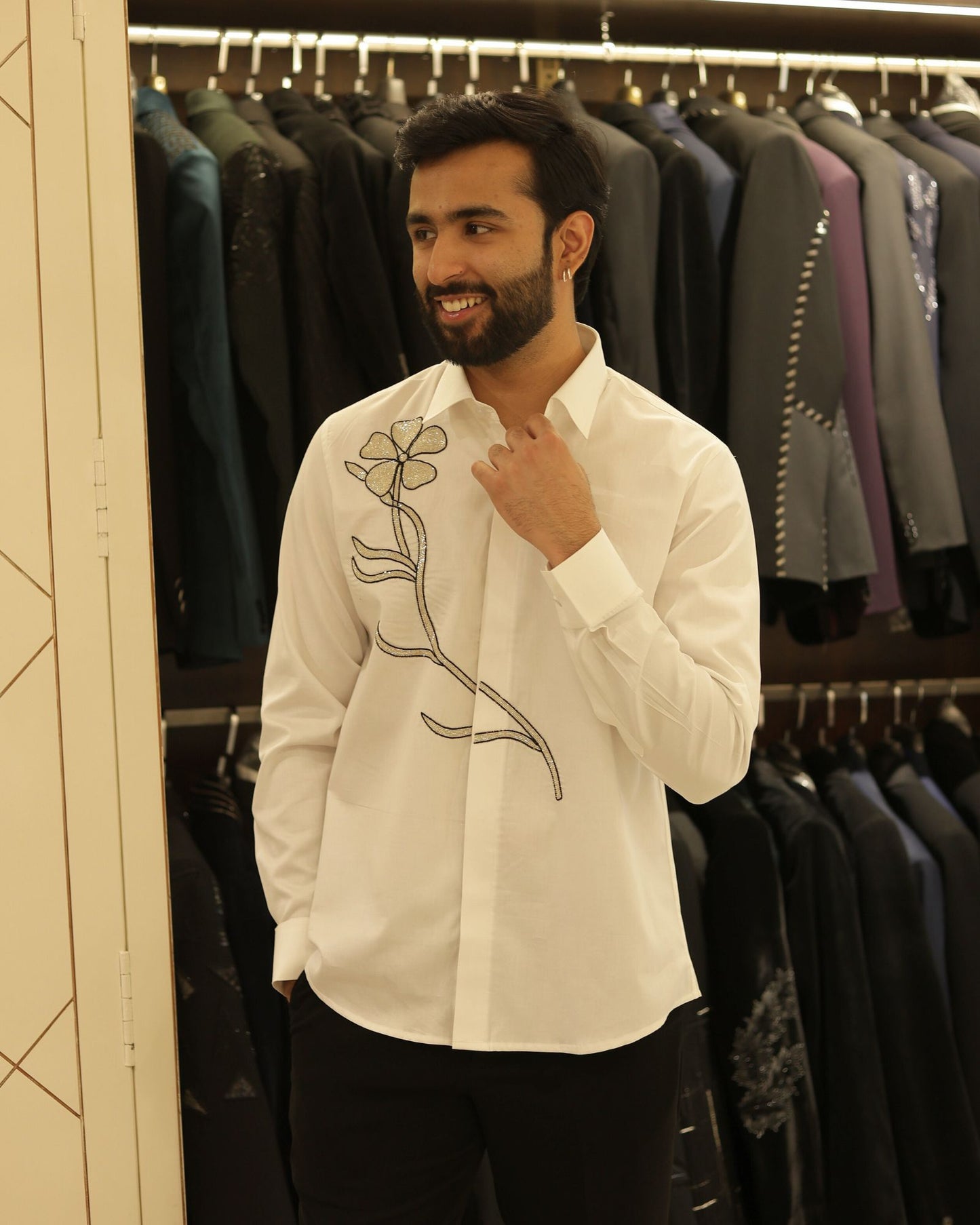 White Floral Embroidered Cotton Shirt