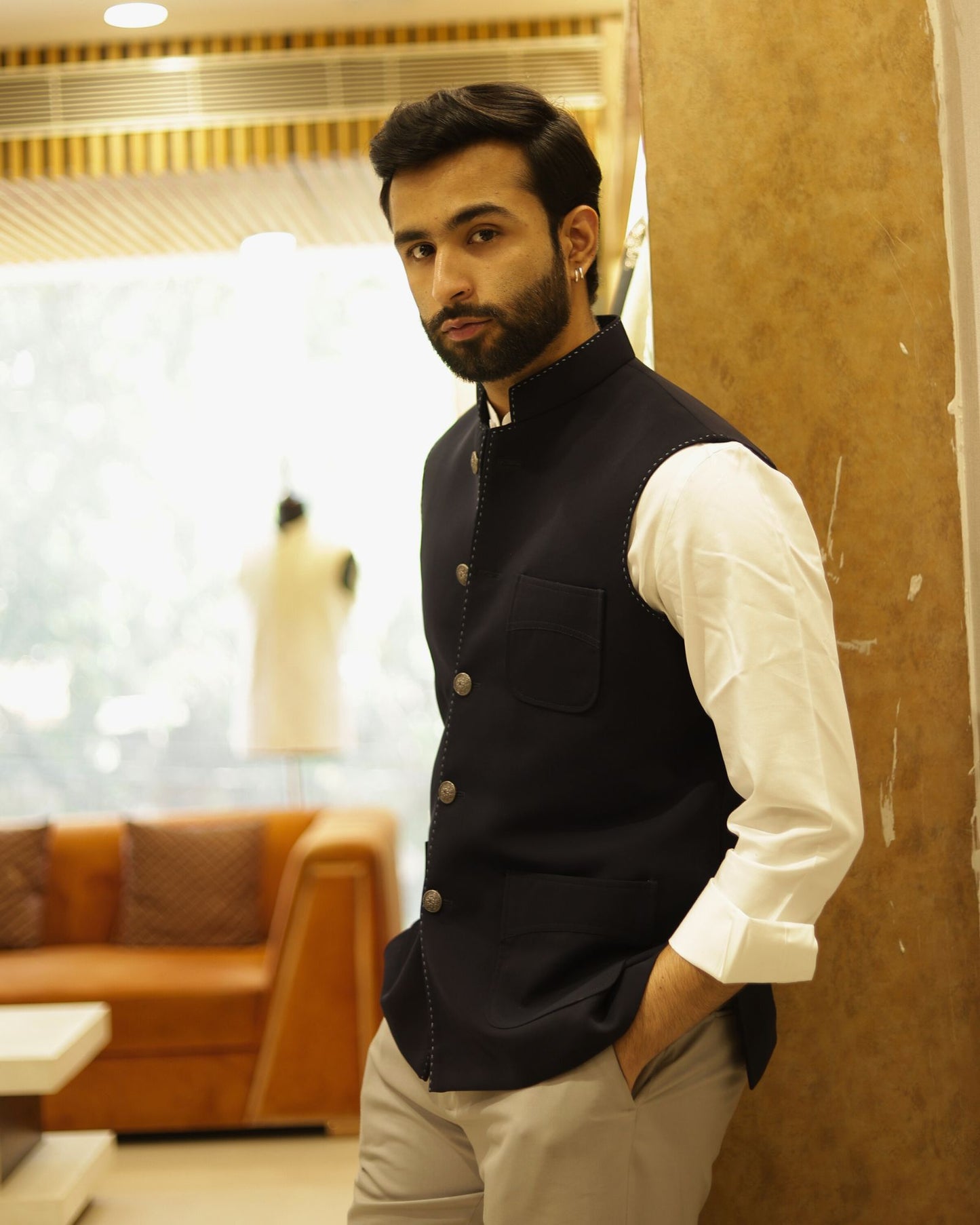 Navy Blue Suiting Nehru Jacket