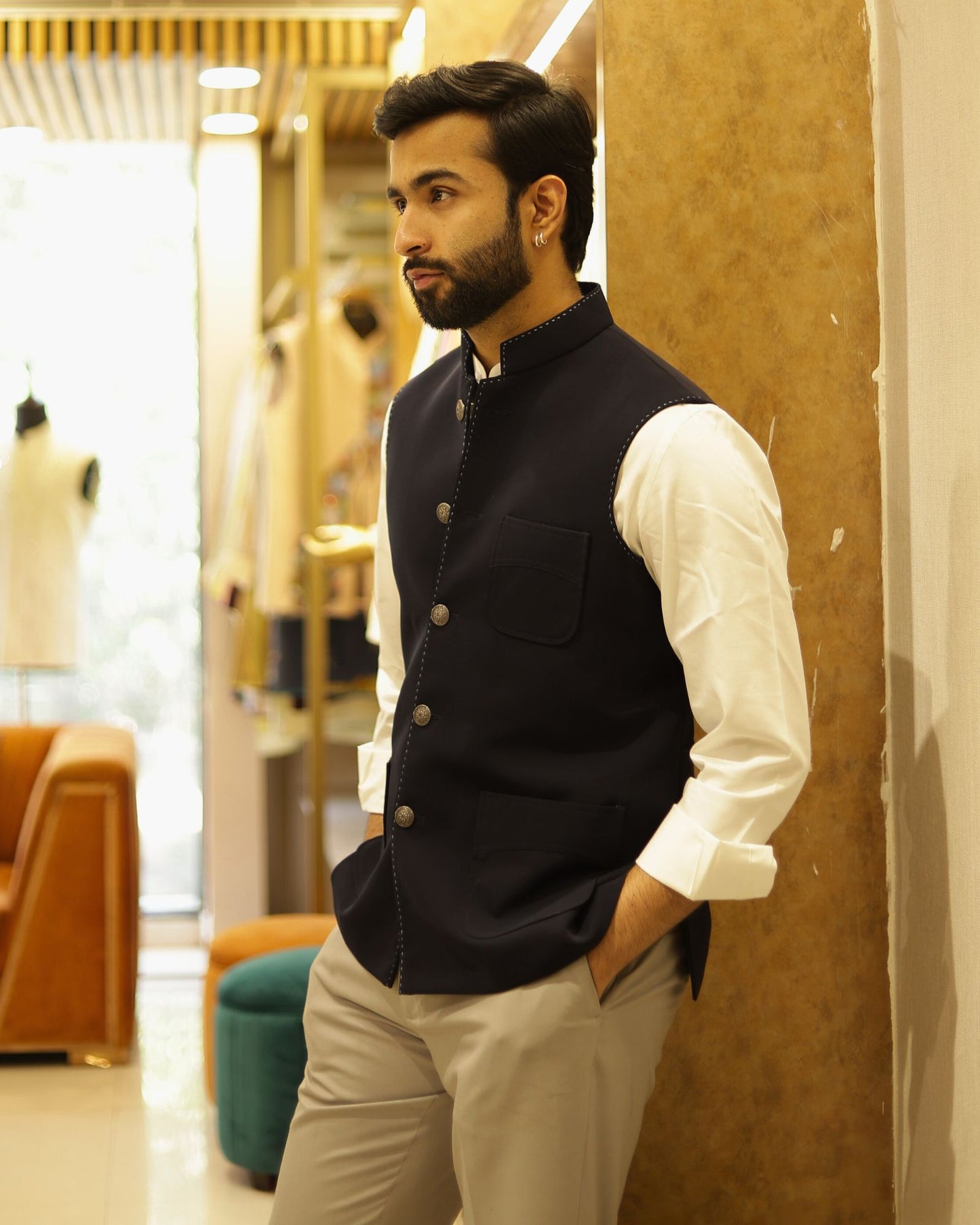 Navy Blue Suiting Nehru Jacket