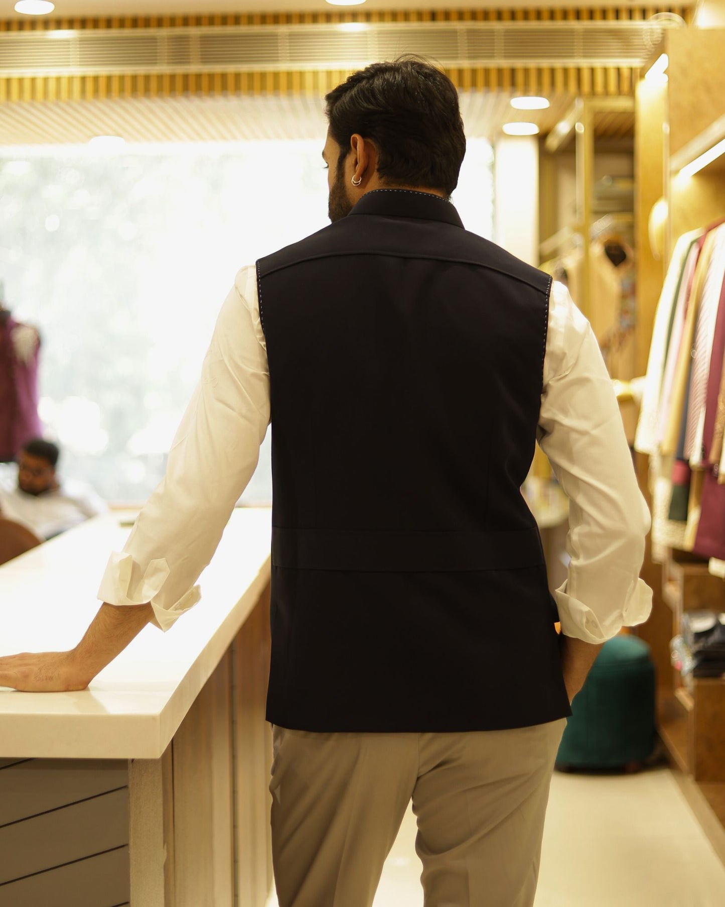 Navy Blue Suiting Nehru Jacket