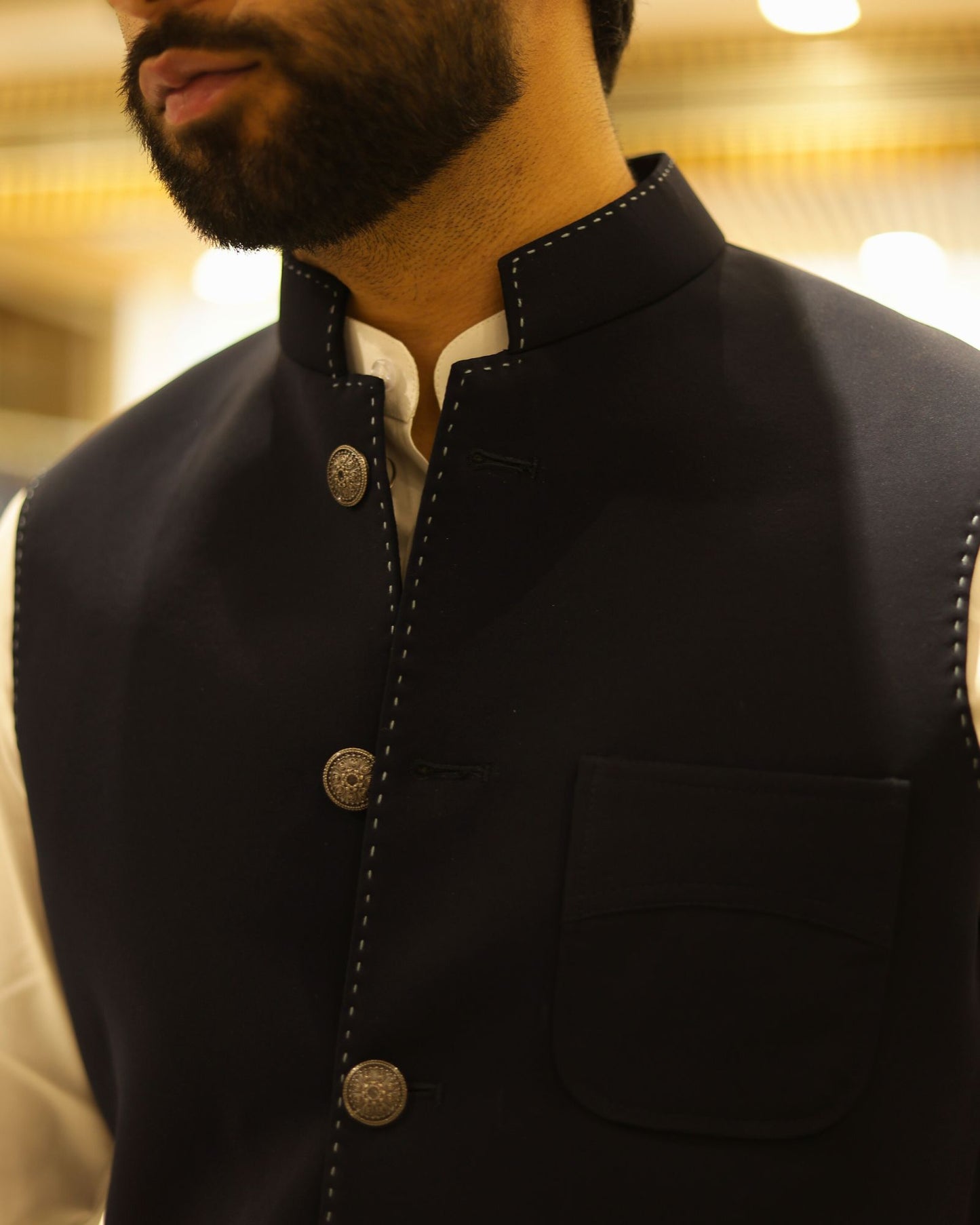Navy Blue Suiting Nehru Jacket