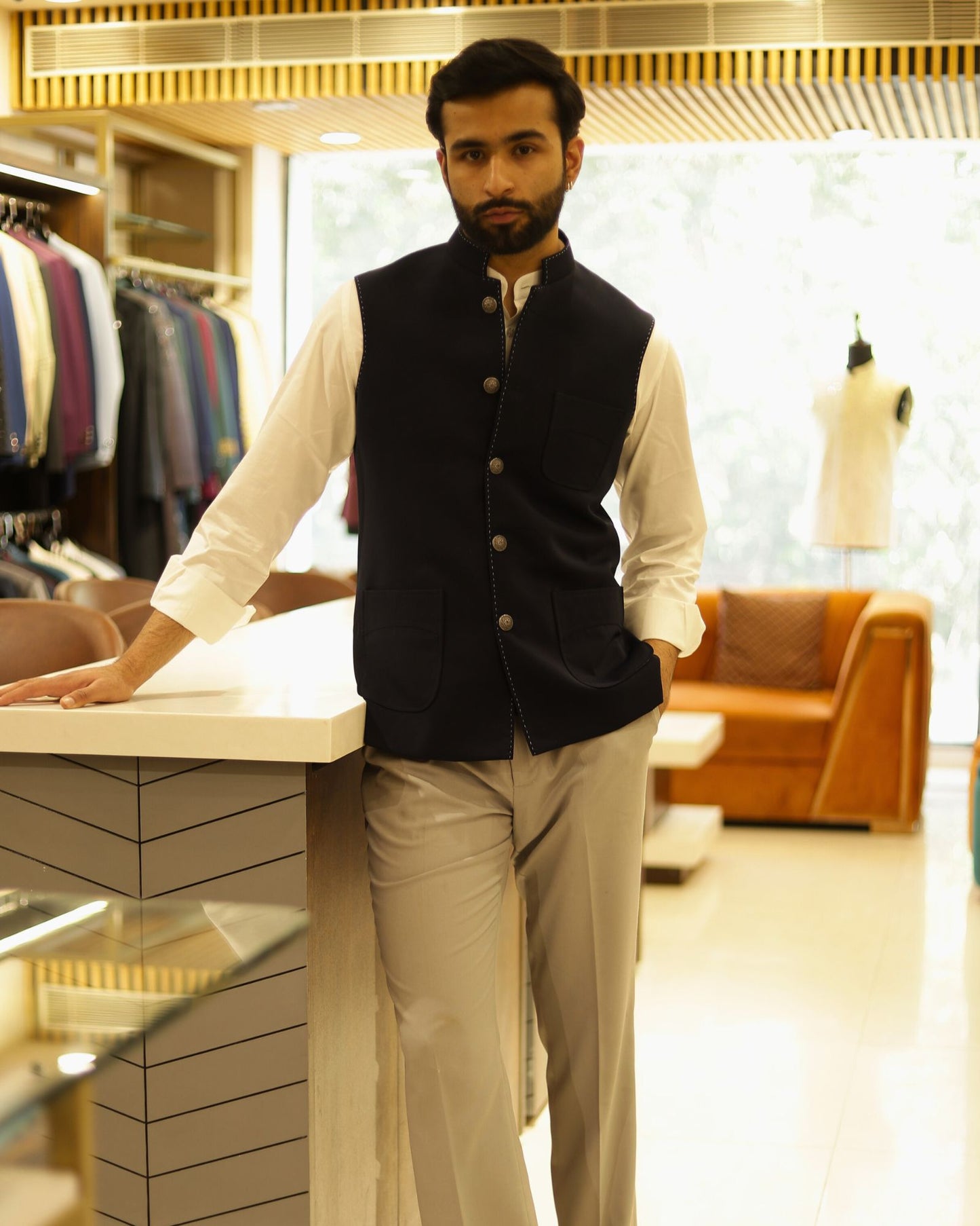 Navy Blue Suiting Nehru Jacket