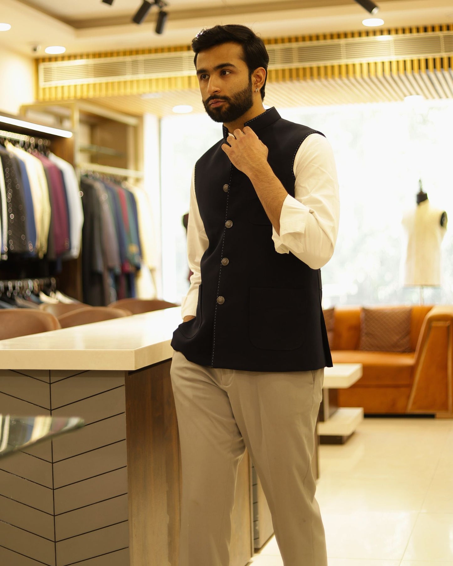 Navy Blue Suiting Nehru Jacket