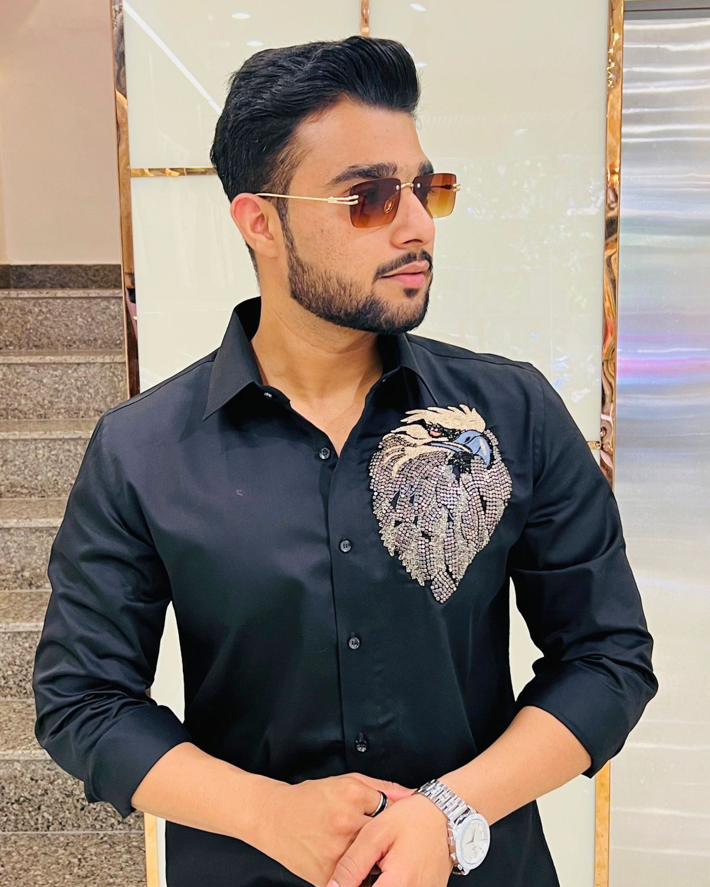Black Cotton Shirt With Handcrafted Eagle Embroidery