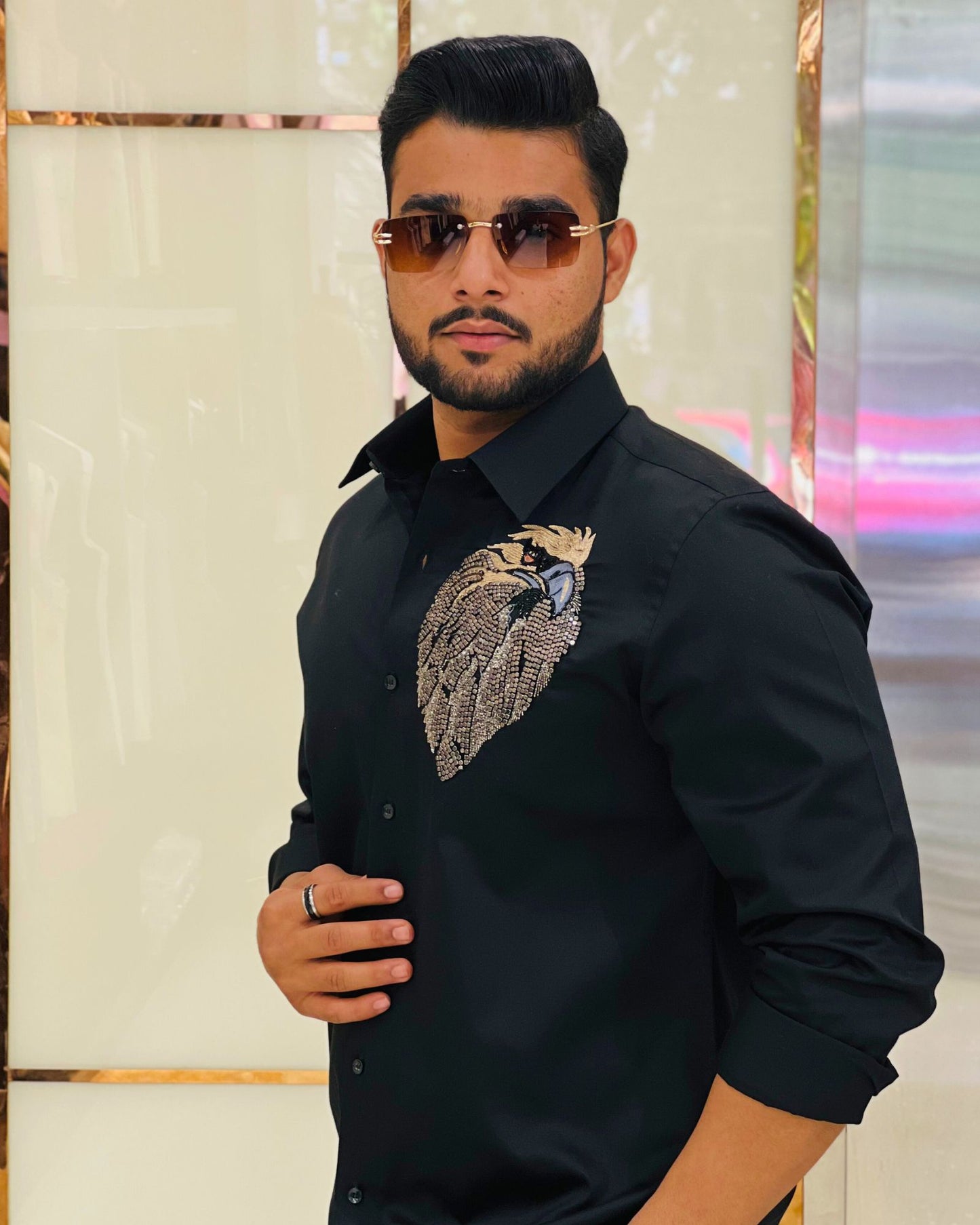 Black Cotton Shirt With Handcrafted Eagle Embroidery