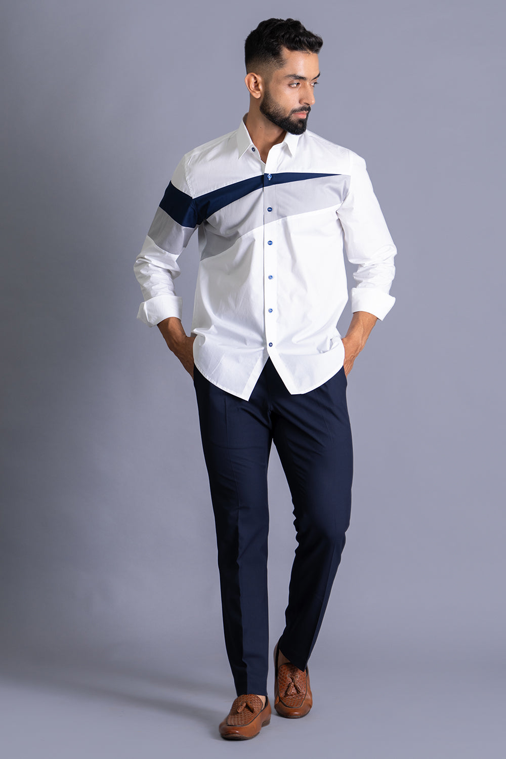 Blue-Grey Stripe Colour Block Shirt