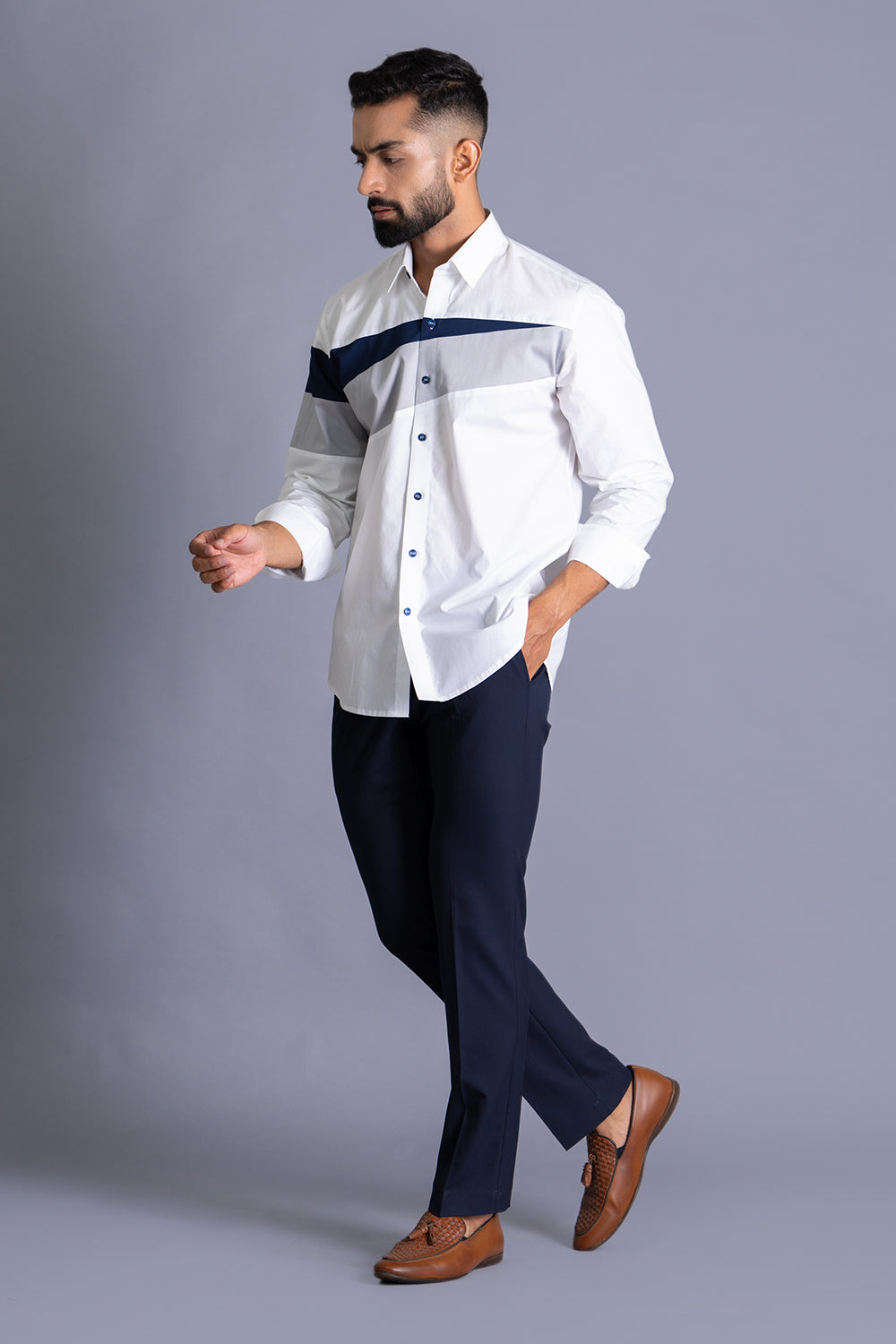 Blue-Grey Stripe Colour Block Shirt