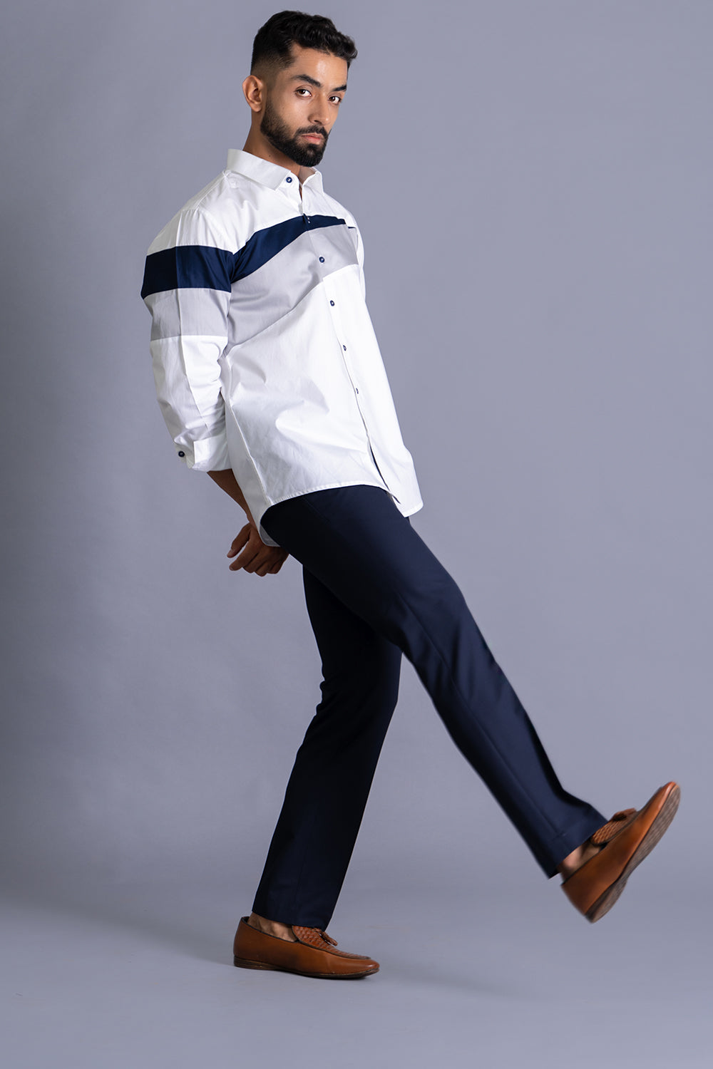 Blue-Grey Stripe Colour Block Shirt