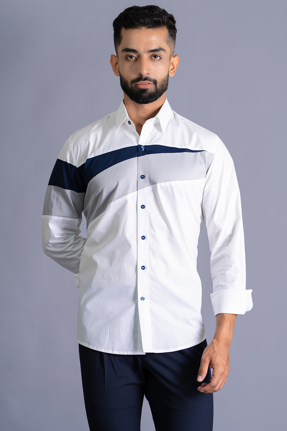 Blue-Grey Stripe Colour Block Shirt