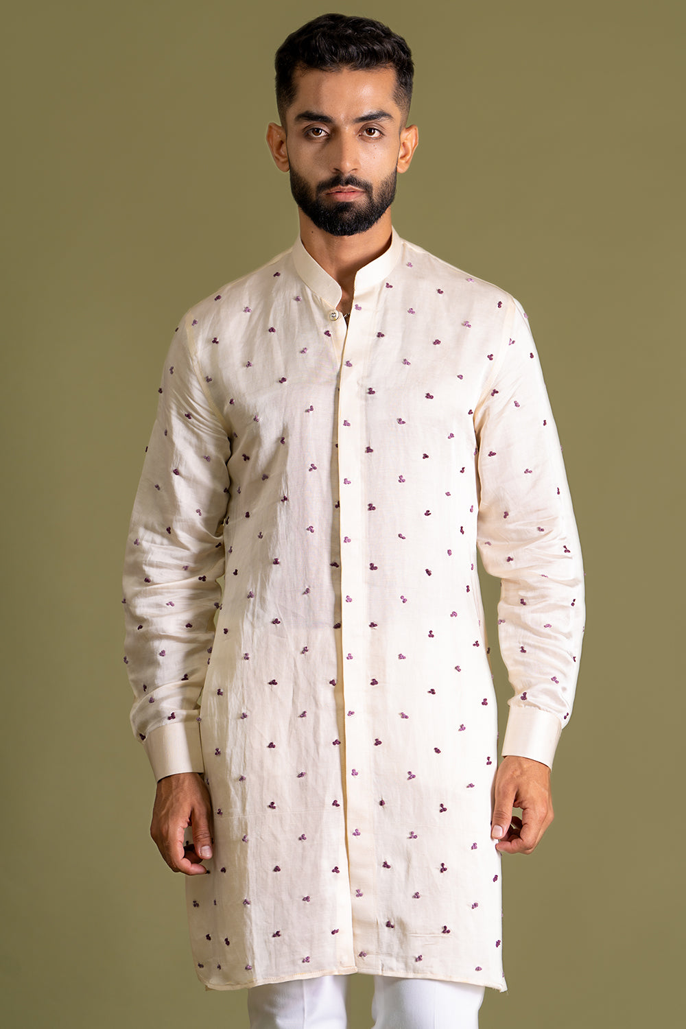Front Open With French Knots Detail All Over Spread Kurta
