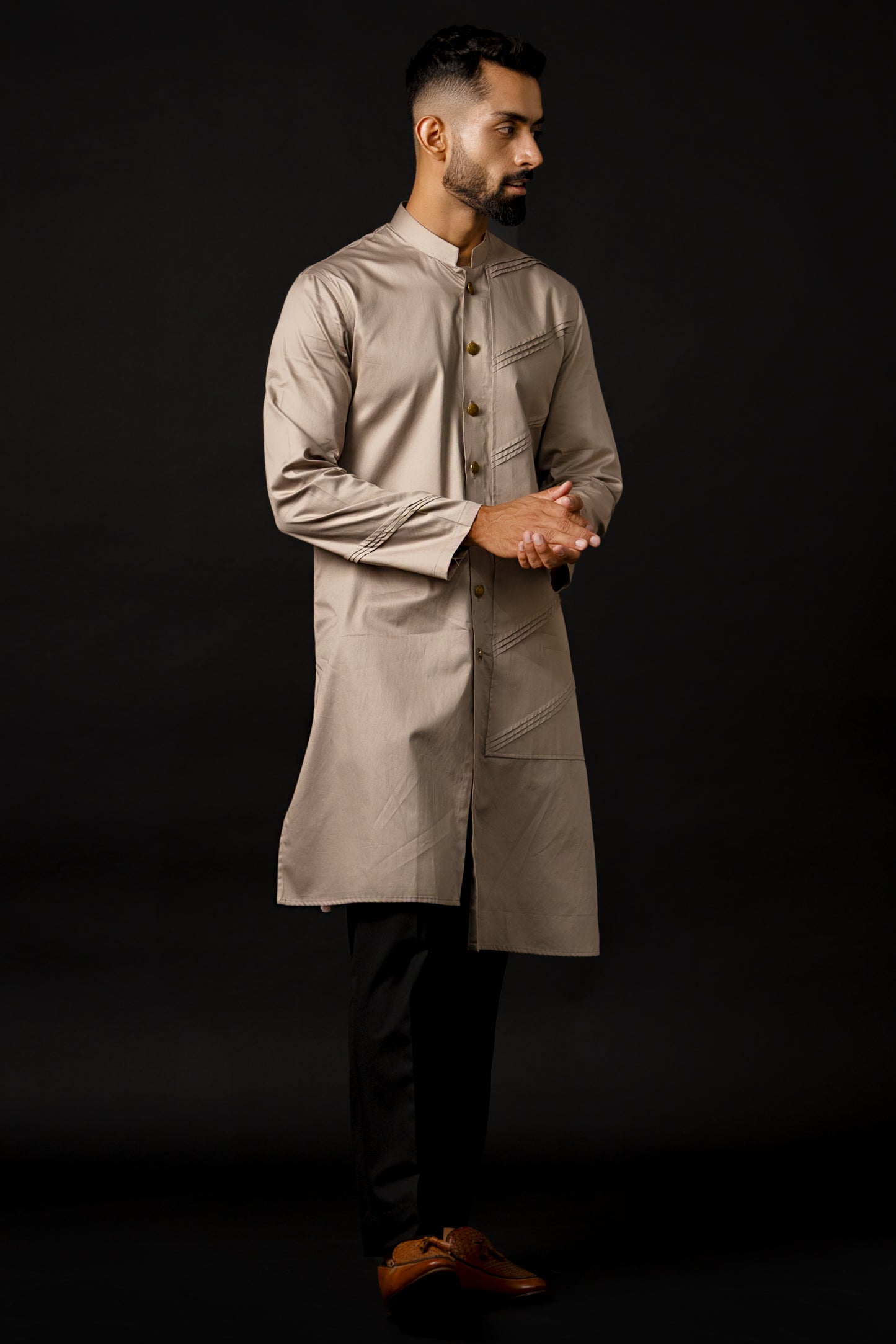 Kurta With Asymmetric Overlap Panel And Pintucks Detailing