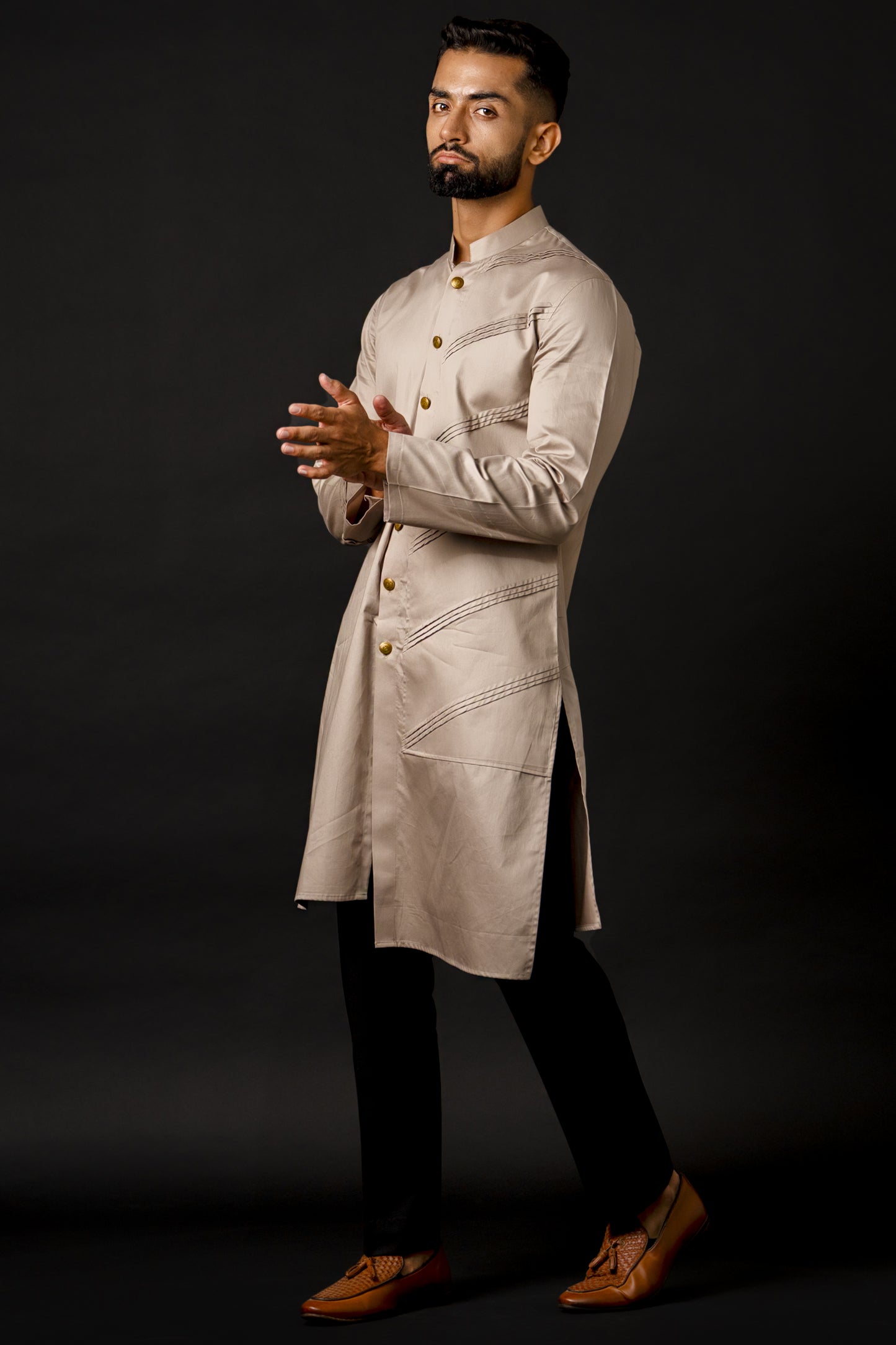 Kurta With Asymmetric Overlap Panel And Pintucks Detailing