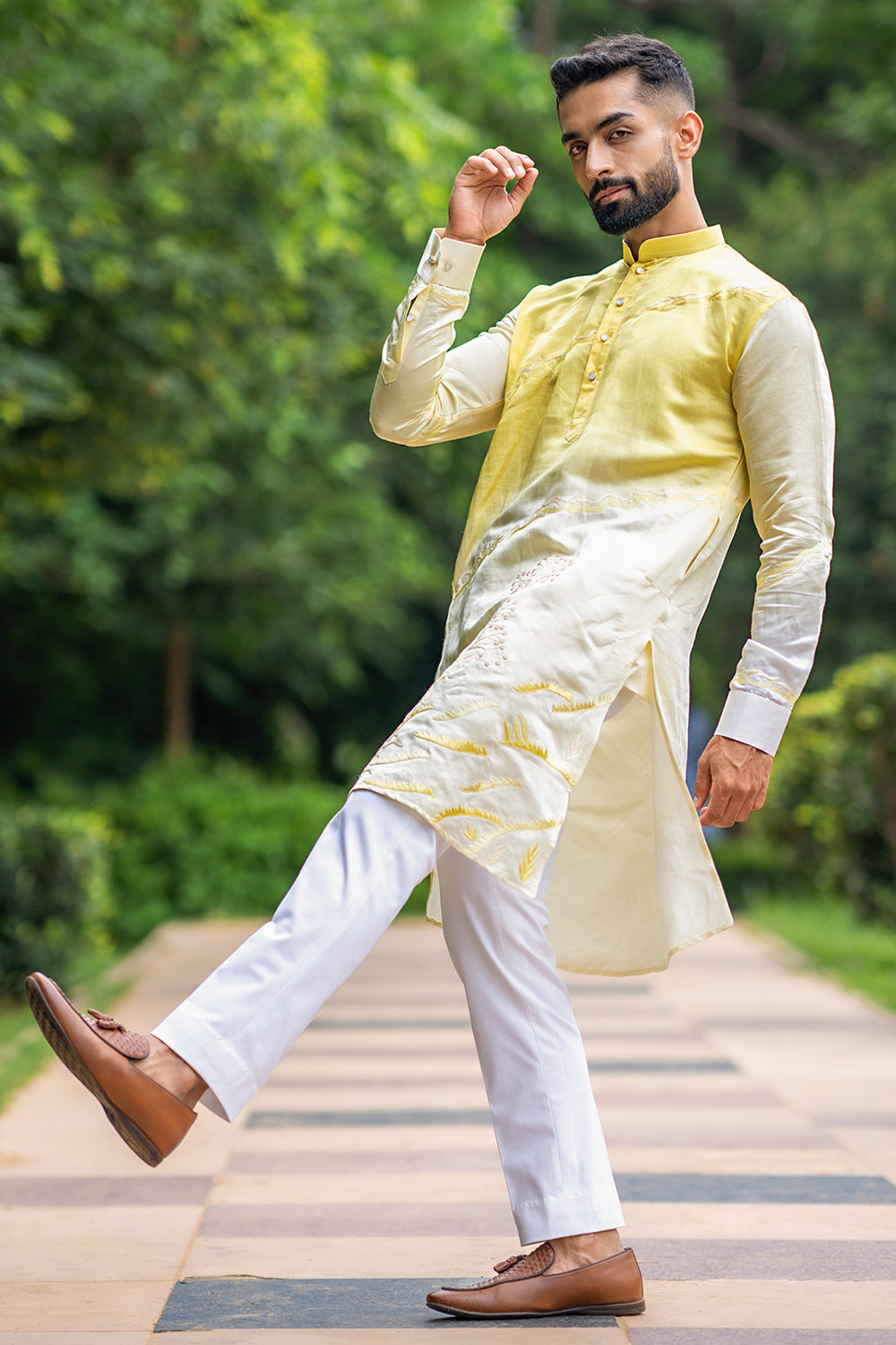 Linen Satin Kurta With Placement Threadwork