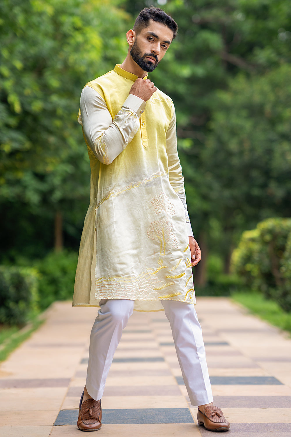 Linen Satin Kurta With Placement Threadwork