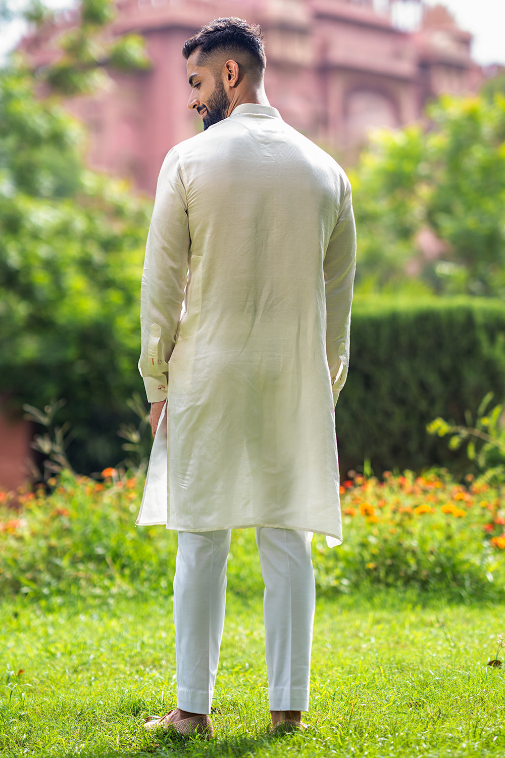Ivory Kurta With Diagonal Orange And Ivory Threadwork Detailing