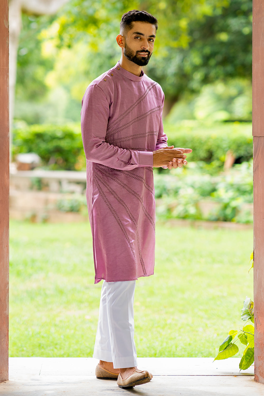 Kurta with Bronze Colour Beads Embroidered Spread All Over the Front, Round Collar