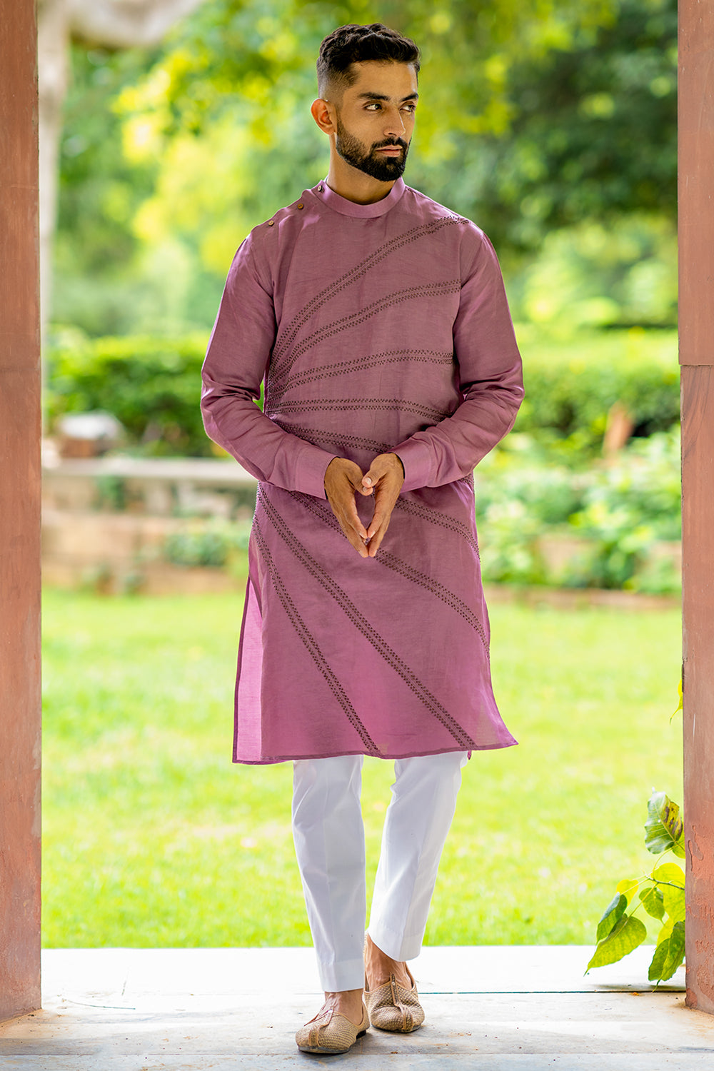 Kurta with Bronze Colour Beads Embroidered Spread All Over the Front, Round Collar