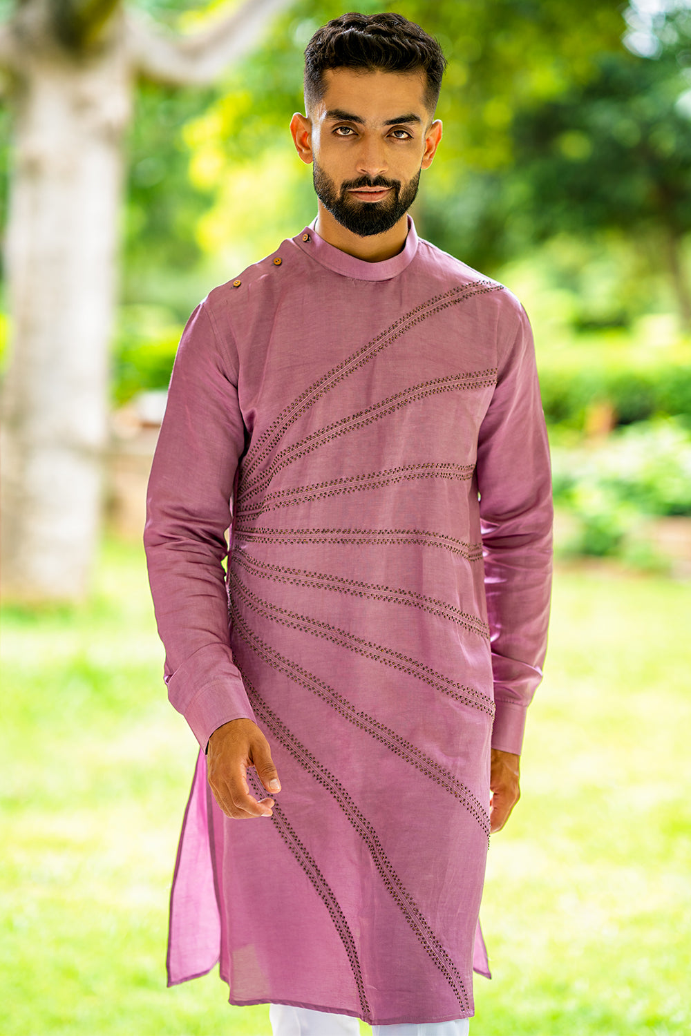 Kurta with Bronze Colour Beads Embroidered Spread All Over the Front, Round Collar