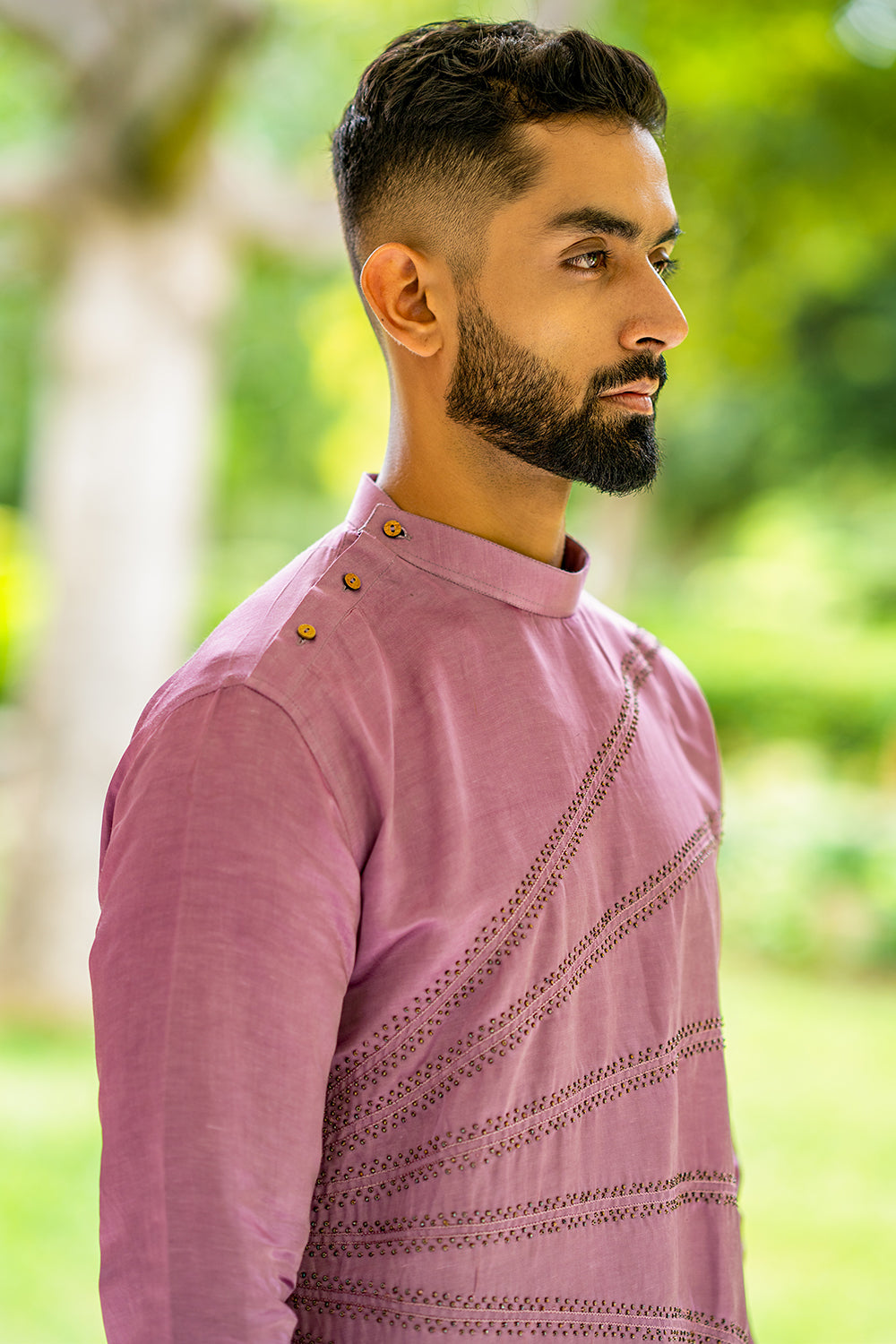 Kurta with Bronze Colour Beads Embroidered Spread All Over the Front, Round Collar