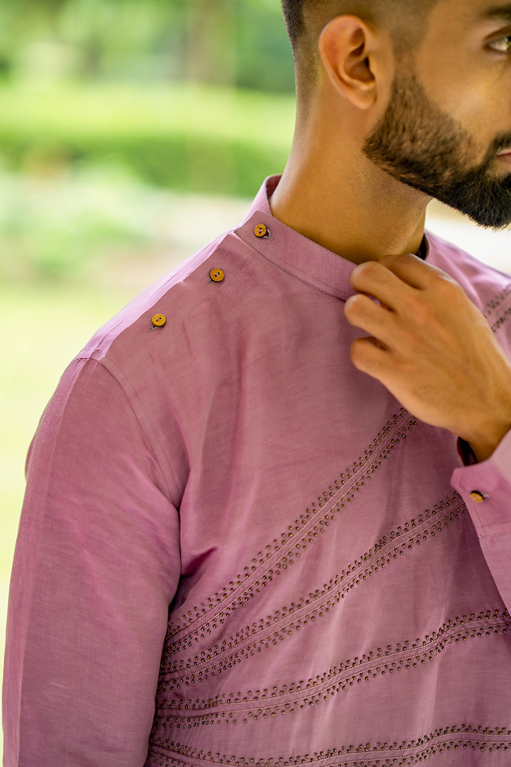 Kurta with Bronze Colour Beads Embroidered Spread All Over the Front, Round Collar
