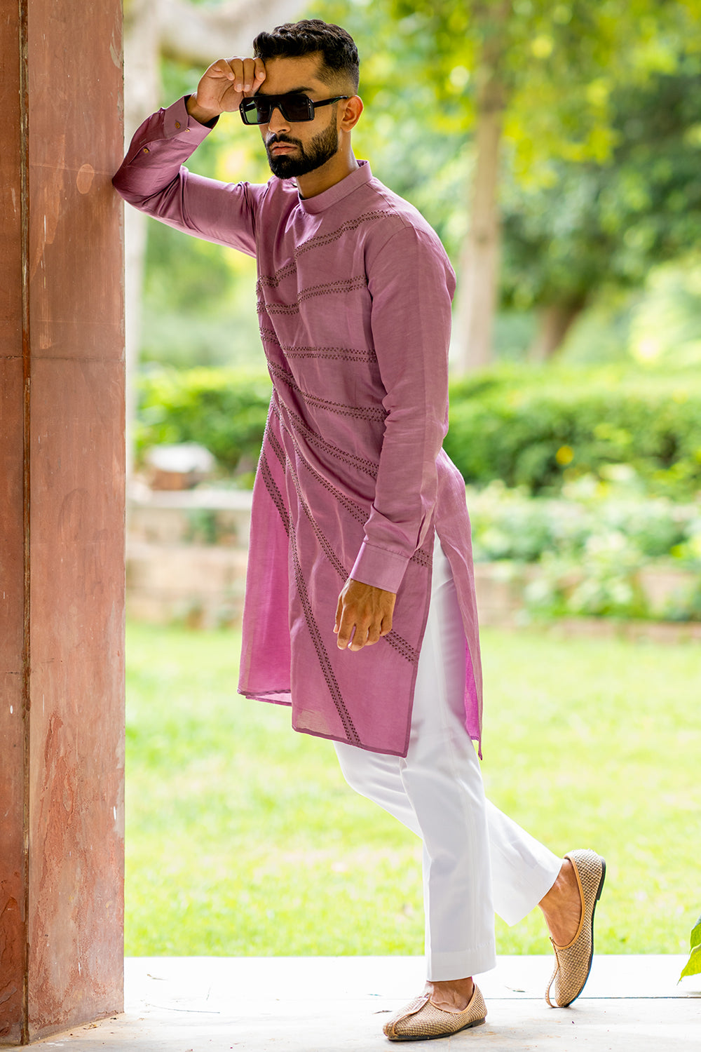 Kurta with Bronze Colour Beads Embroidered Spread All Over the Front, Round Collar