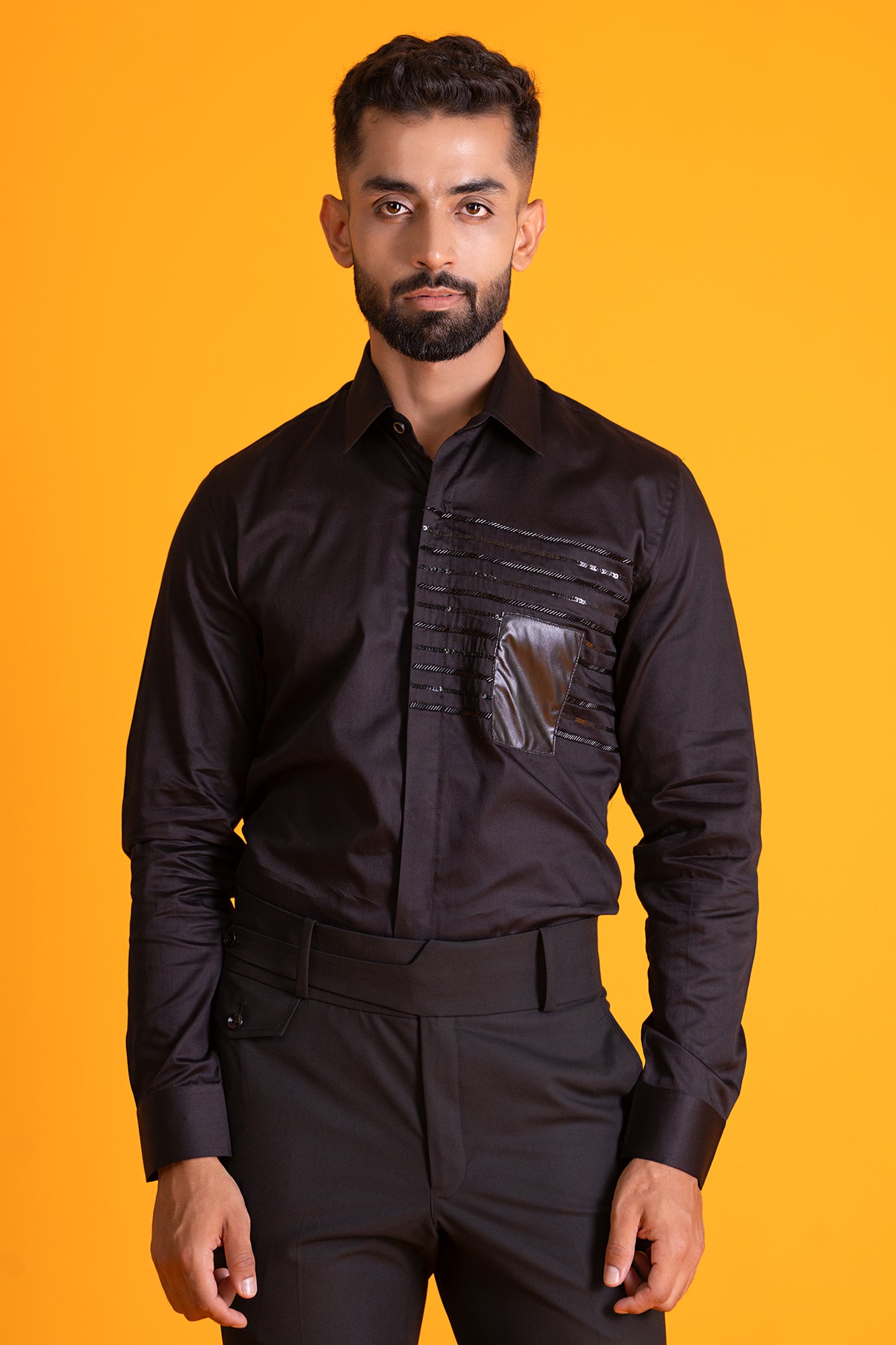 Leather Patch Shirt With Parallel Lines Cutdana Work