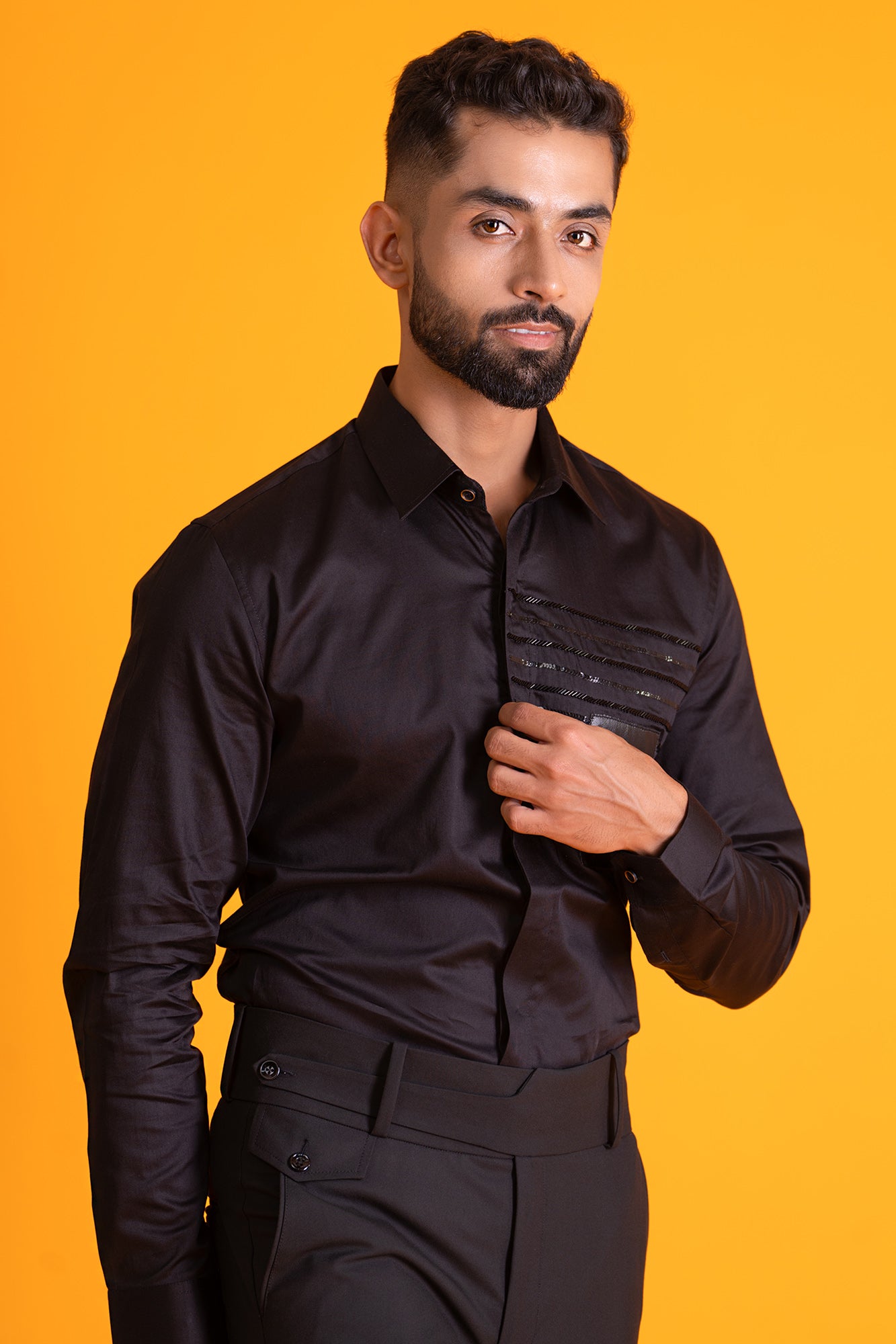 Leather Patch Shirt With Parallel Lines Cutdana Work