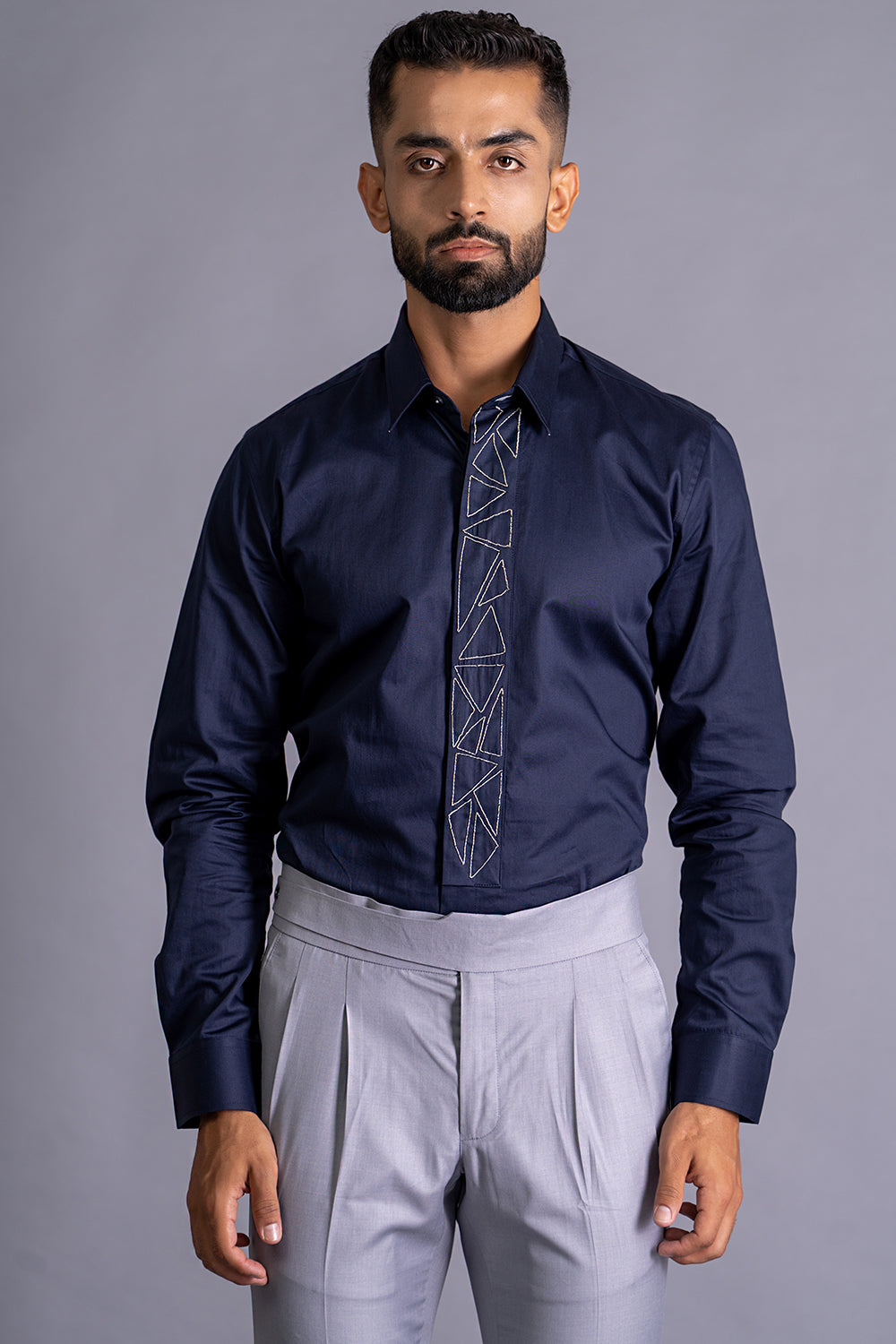 Trigonnal Front Panel Shirt With Dabka Work Detailing