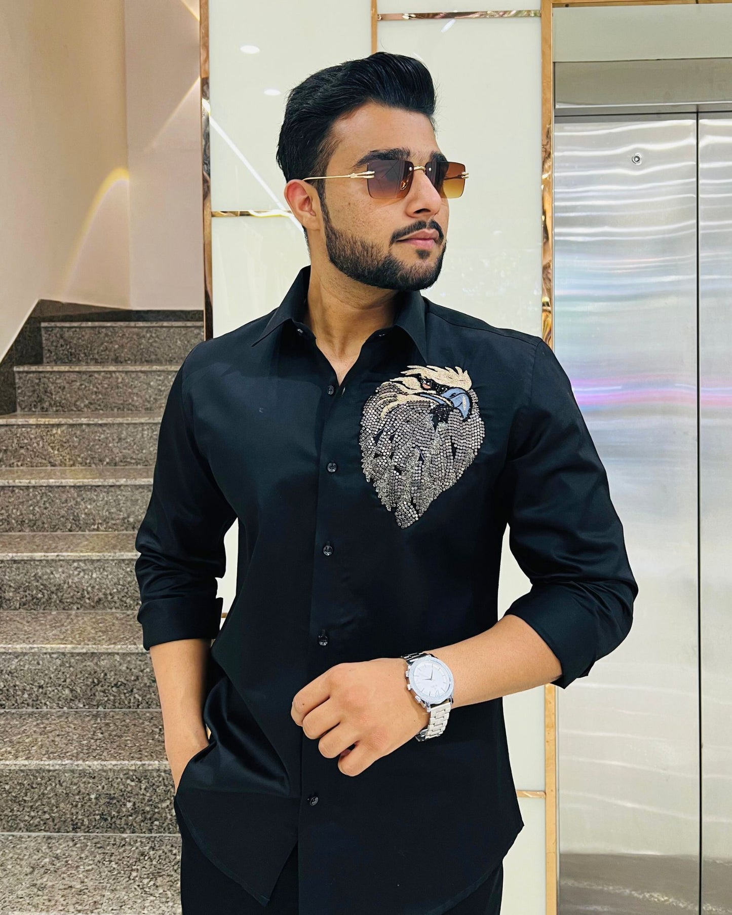 Black Cotton Shirt With Handcrafted Eagle Embroidery