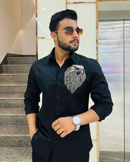 Black Cotton Shirt With Handcrafted Eagle Embroidery